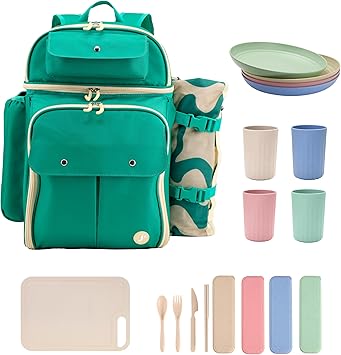 J World Picnic Backpack Cooler for 4. Insulated Picnic Basket Set with Folding Waterproof Blanket. Beach Camping Wedding Engagement Gift for Couples, Green