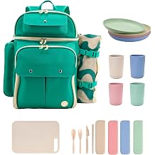 J World Picnic Backpack Cooler for 4. Insulated Picnic Basket Set with Folding Waterproof Blanket. Beach Camping Wedding Engagement Gift for Couples, Green