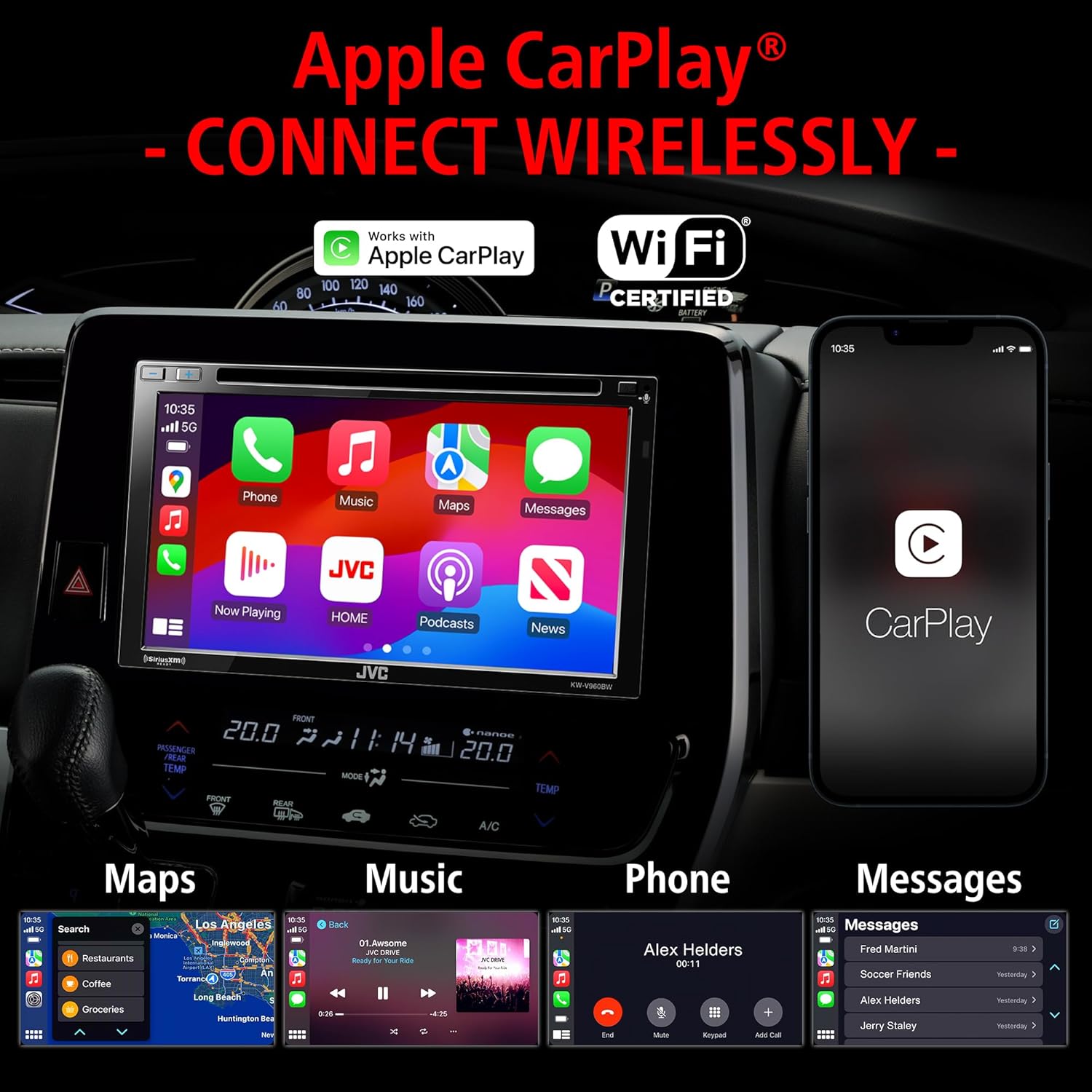 JVC KW-V960BW Built in Wi-Fi for Wireless CarPlay Android Auto, CD/DVD 6.8" LCD Touchscreen Display, AM/FM, Bluetooth, MP3 Player, USB Port, Double DIN, 13-Band EQ, SiriusXM, Class D Amp, Car Radio