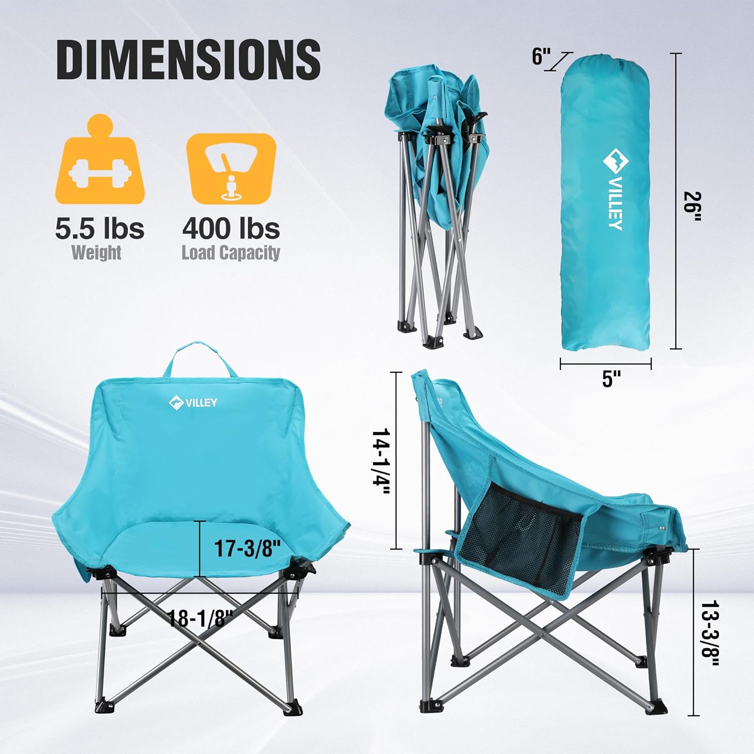 VILLEY Camping Chair Beach Folding Chair, Outdoor Lawn Portable Lightweight Chair, Foldable Chair with Carry Bag, for Outside Hiking, Fishing, Travel, Beach and Sports, Blue