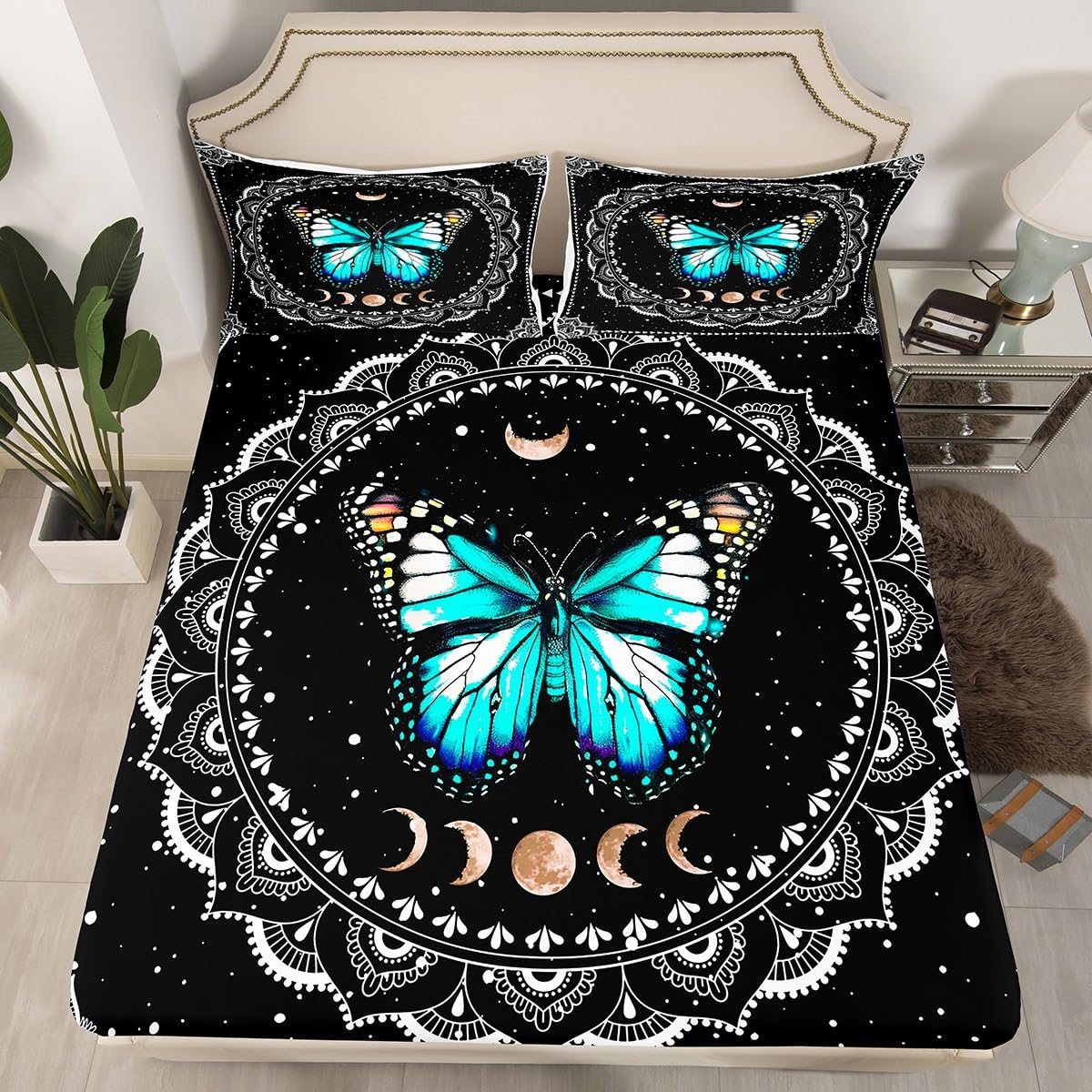 Manfei Blue Butterfly Kids Fitted Sheet Double Size, Bohemian Mandala Bed Cover, Boho Sun Moon Bedding Set for Boys Girls Adults Bedroom Decor, Lightweight Bedding, 2 Pillowcases — image 1