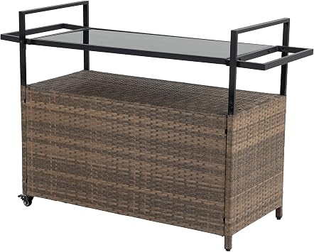 Superior Outdoor Wicker Bar Cart, Rolling Rattan Beverage Counter Table with Glass Top for Garden and Poolside Parties, Durable, Stylish, and Versatile, Made with Steel, Light Brown