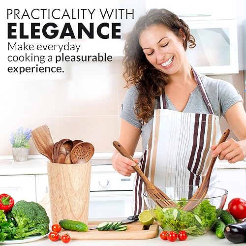 Miniatura 7 de Zulay Kitchen - Cucharas de madera premium de 8 piezas, acabado liso, madera de teca natural, antiadherentes, hechas a mano