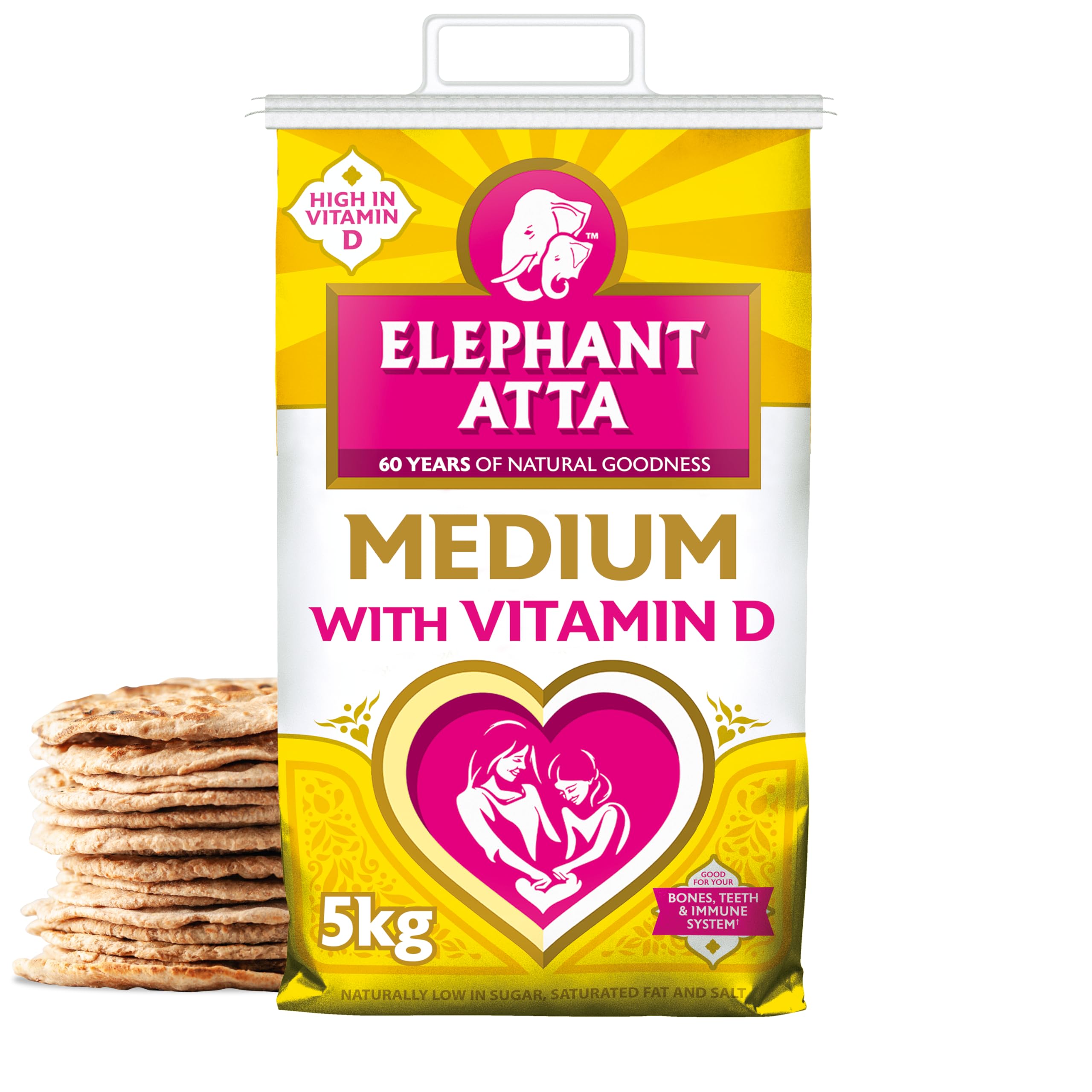 Elephant Atta Medium Atta Flour with Vitamin D | Atta | Vitamin D | Chapatti Flour | Forfeited Flour | Health Flour | Vit D | Naan Flour | Roti Flour | Plain Flour | (5kg)