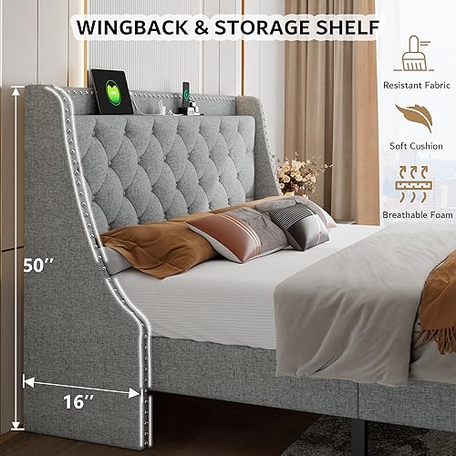 Miniatura 3 de iPormis Base de cama King con respaldo alado cómodo de 16" y estación de carga, cama de plataforma tapizada con cabecera de almacenamiento con