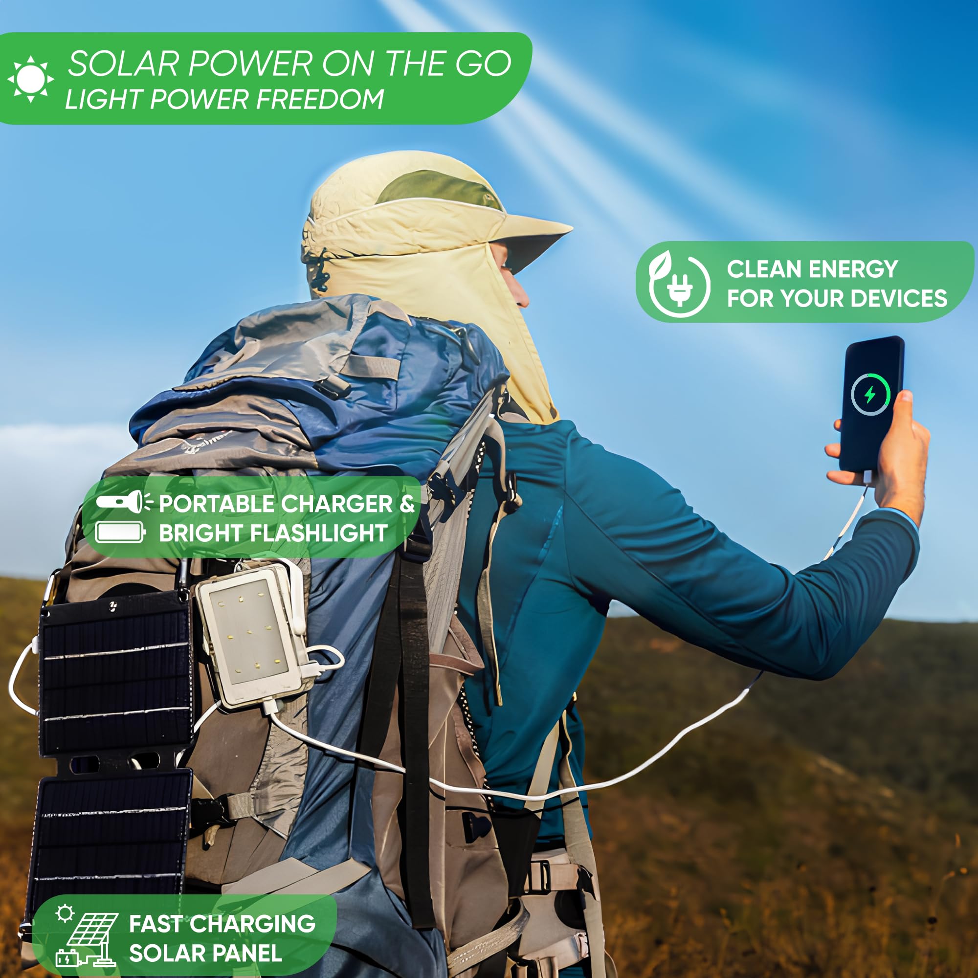 PRAANA Kit de supervivencia solar 3 en 1, linterna de emergencia con banco de energía USB-C de 5000 mAh y panel solar de 7 W para cortes de energía, campamento y preparación para emergencias