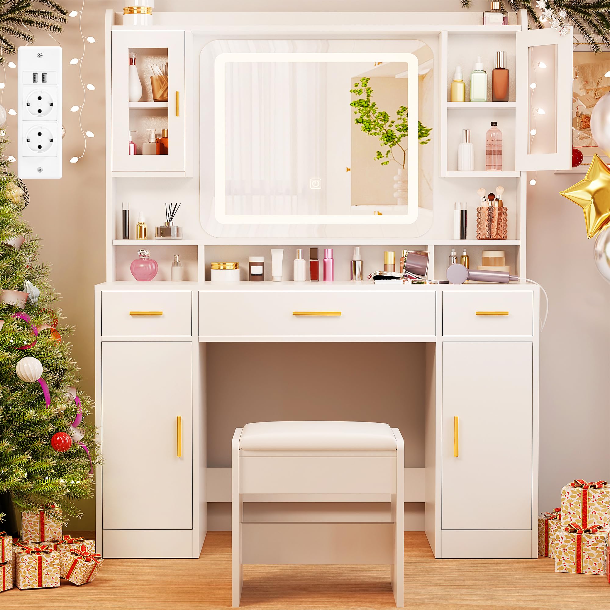 Coiffeuse Avec Miroir LED Et Tabouret - 5 Tiroirs - Blanc - 90x45x135cm - Pour Chambre Ou Salon