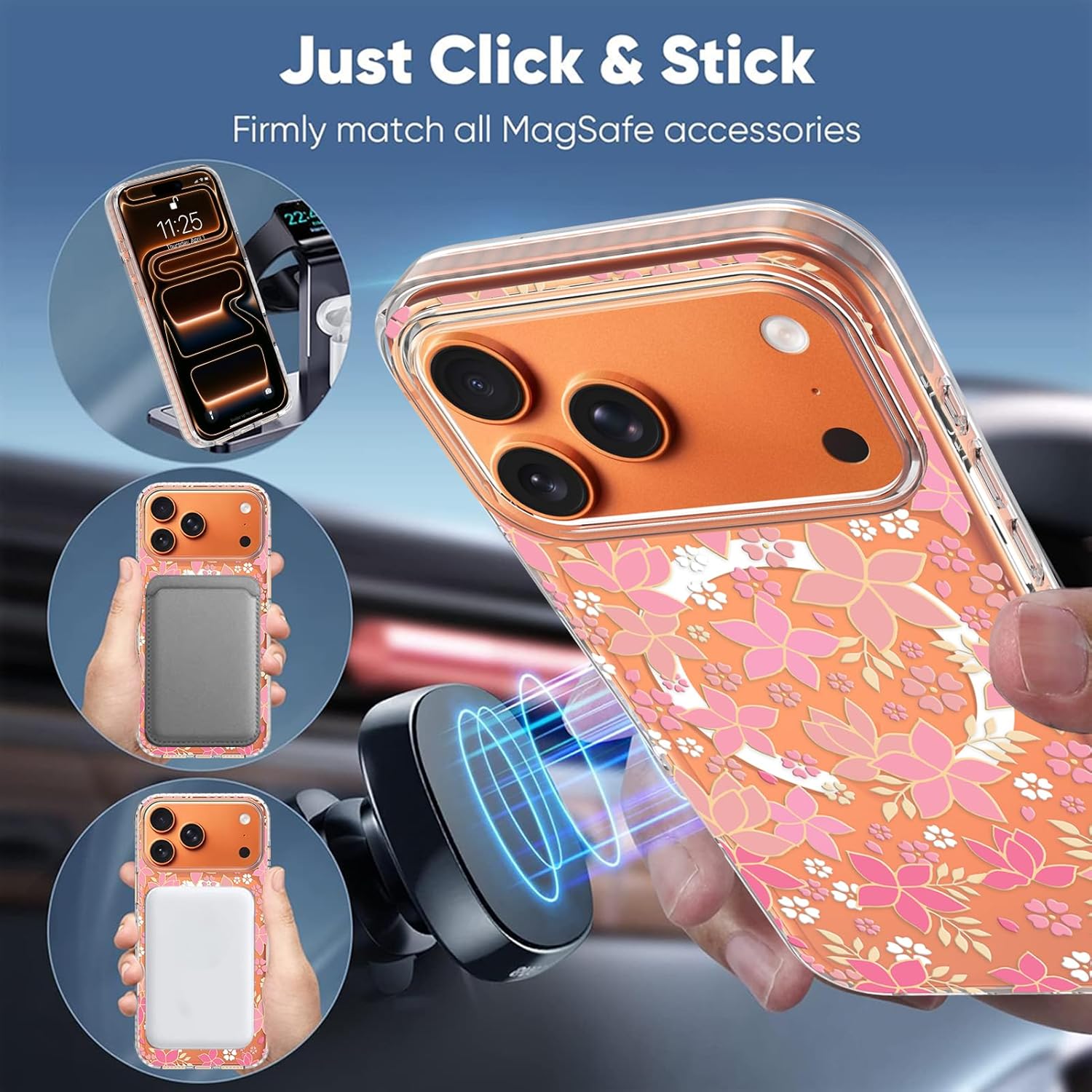 tharlet Magnetic for iPhone 17 Pro Max Case (6.9”) – Clear Bumper Cover with Pink Primrose Floral Design [MagSafe Compatible] [10FT MIL-Grade Drop Protection] Camera Protection