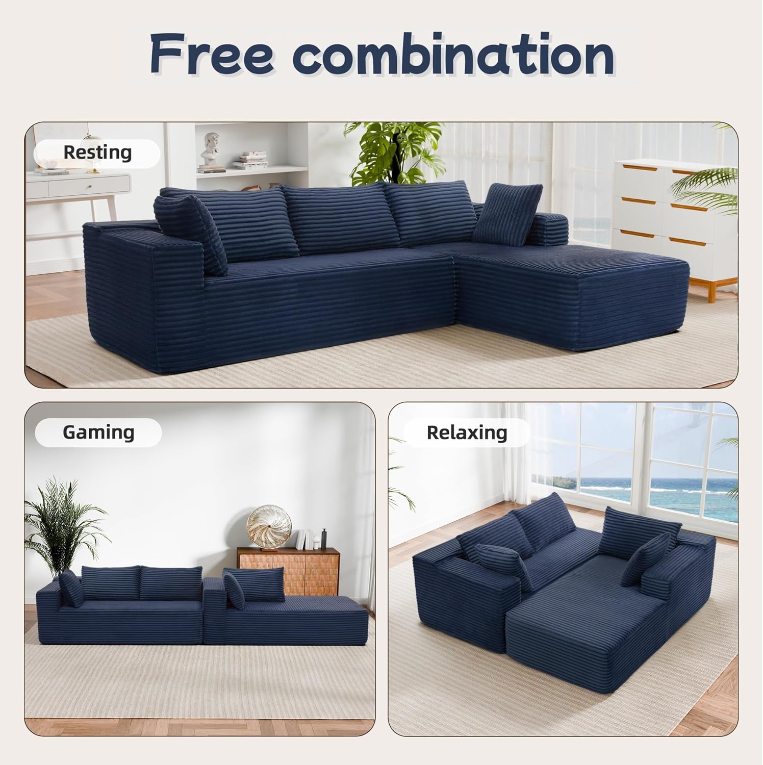 Cloud Sectional Couch, 105” Fluffy Modular L-Shape Sofa with Left Chaise Lounge, Modular Sectional Sofa in a Box, Boneless Couch for Living Room, No Assembly Required, Flannel Blue