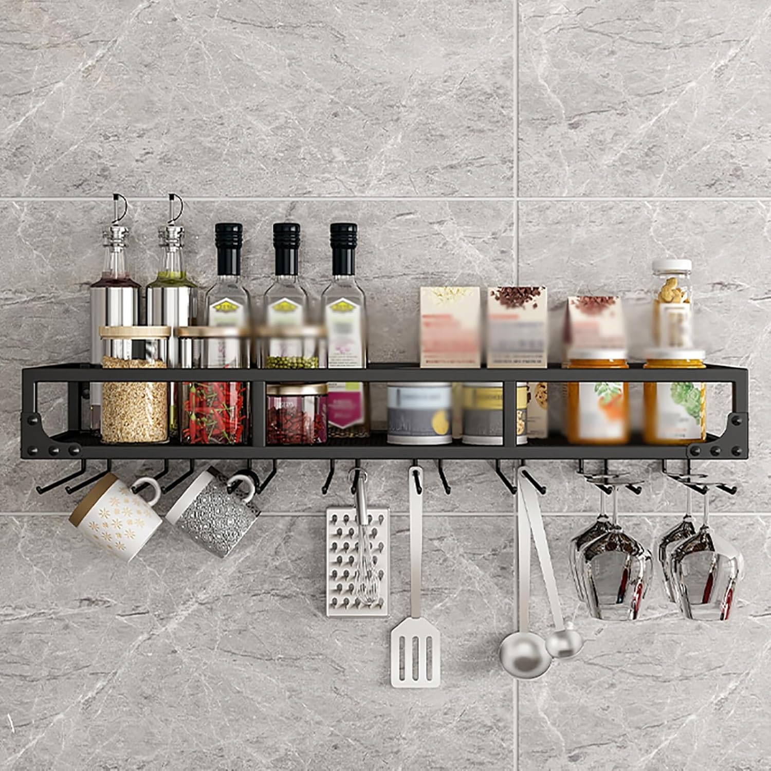 Wall Mounted Wine Racks,Organizer Hanging Long Stemware Goblet Metal,Layer Shelves with Display Shelf,Metal Floating Shelves for Liquor Bottles & Wine Glasses,for Home Bar Dining K