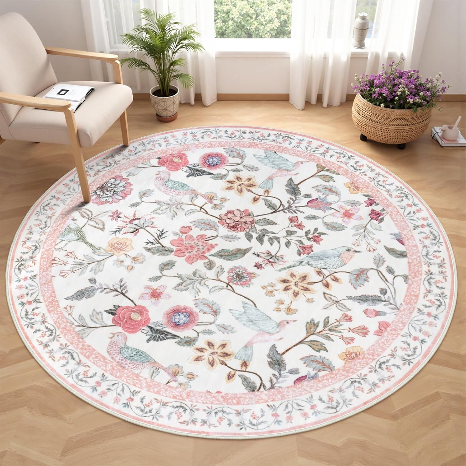 Pink Floral Round Rugs 5ft, Washable Boho Circle Rug for Girls Bedroom, Soft Non-Slip Botanical Nursery Circular Carpet, Modern Flower Birds Throw Rug for Kids Room Living Room