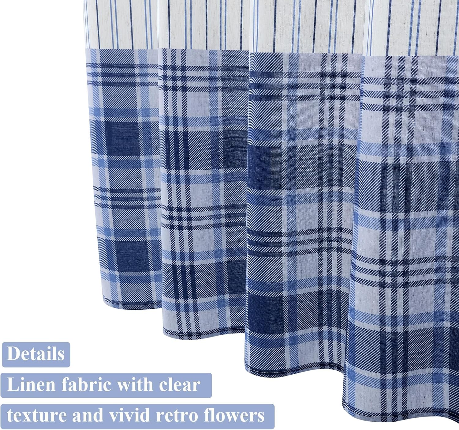 ORTIGIA Blue Plaid & Striped Shower Curtain - Heavy Dusty Linen Blend Fabric, Rustic Vintage Buffalo Check Design, 72x72 inches Bathroom Curtain with 12 Metal Hooks for Modern Farmhouse