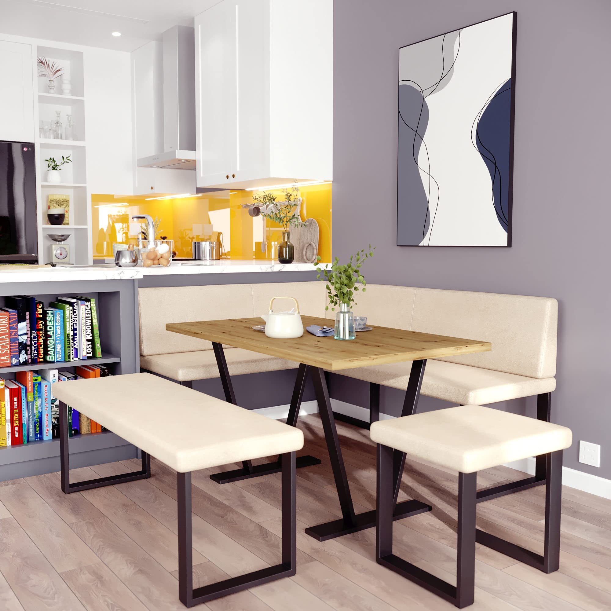 Eckbank Akiko Metal mit Tisch und Bänken - Eckbankgruppe für Ihrem Esszimmer, Küche modern, Sitzecke, Essecke. Perfekt für Küche, Büro und Rezeption. Solide Verarbeitung (Soft 18, 168x128 Links)