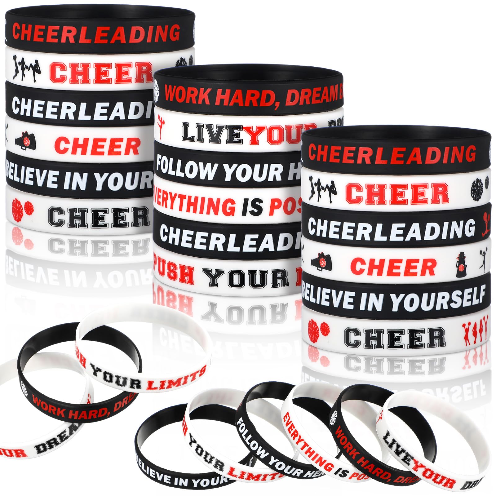 Cunno 72 Pcs Cheer Gifts Bulk for Team Silicone Cheerleading Bracelets Bulk Inspirational Cheer Stuff Bracelets for Women Team Stuff Jewelry