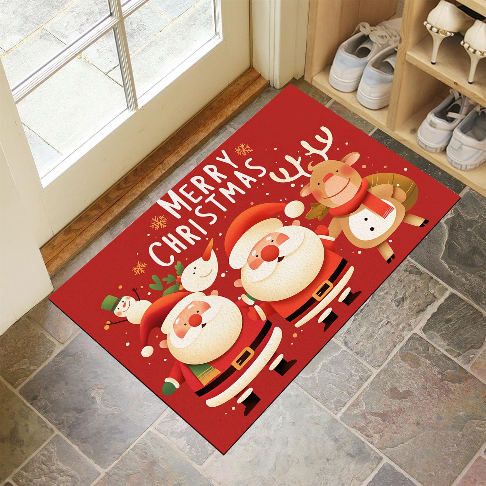 Felpudo de Entrada Casa Papá Noel, Muñecos De Nieve Y Renos 90x150cm Alfombra Exterior para Puerta Impermeable, Lavabl Alfombrilla Feliz Año Nuevo Antideslizante para Recibidor, Pasillo, Cocina - Rojo