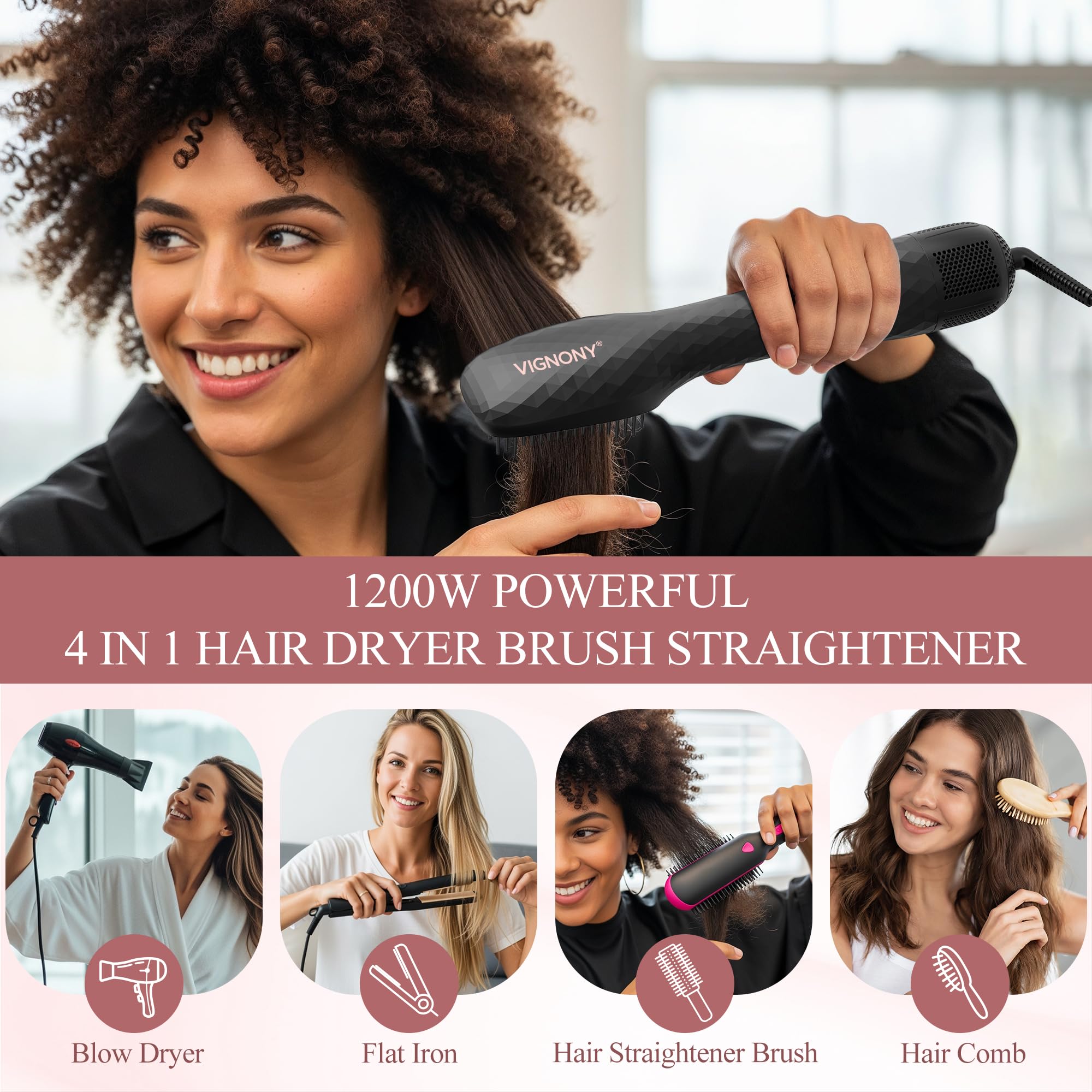 4-in-1 Ionic Hot Air Brush Hair Dryer Styler, 1200W