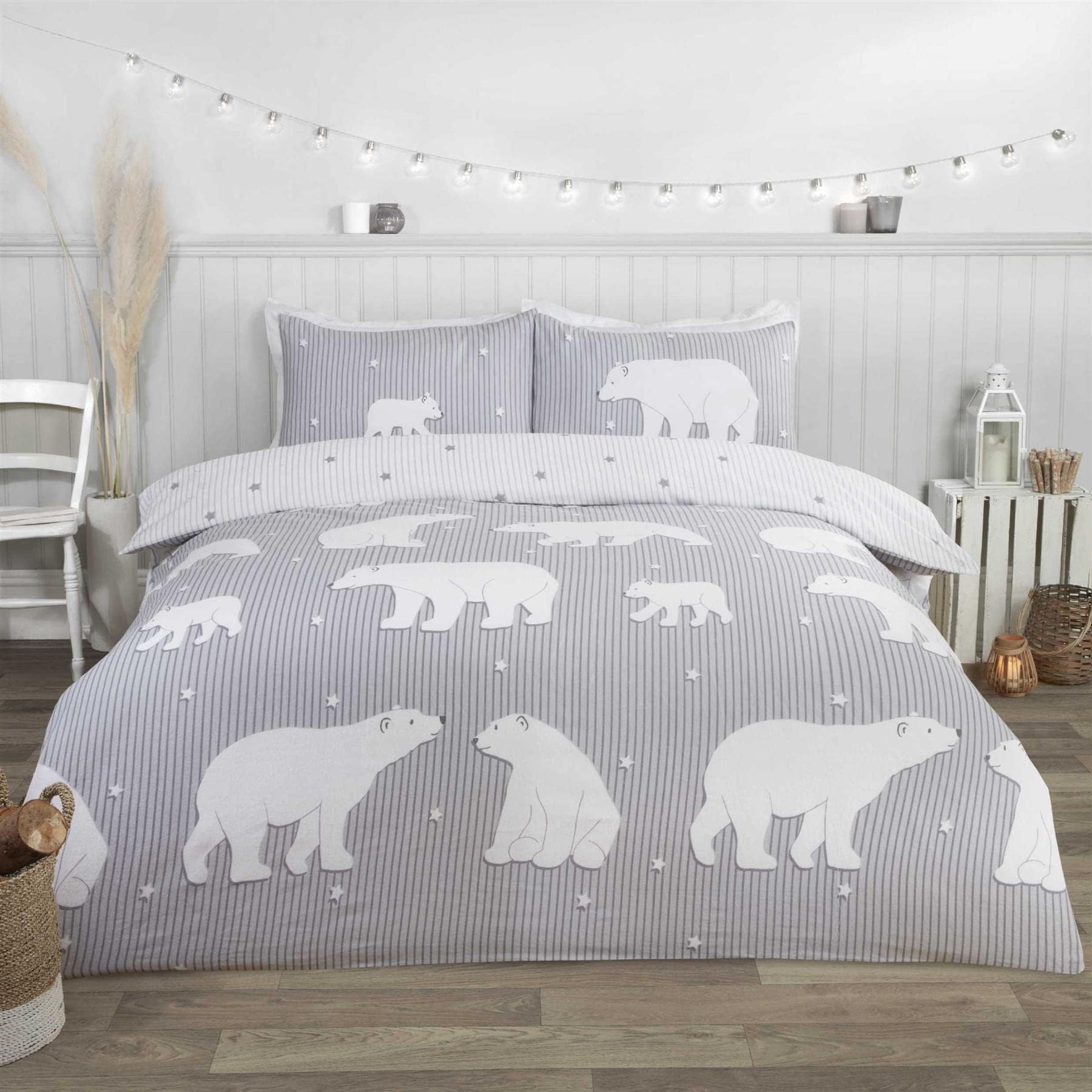 RapportHome Polar Bear 100% Brushed Cotton Double Duvet Cover Set Reversible Bedding Grey