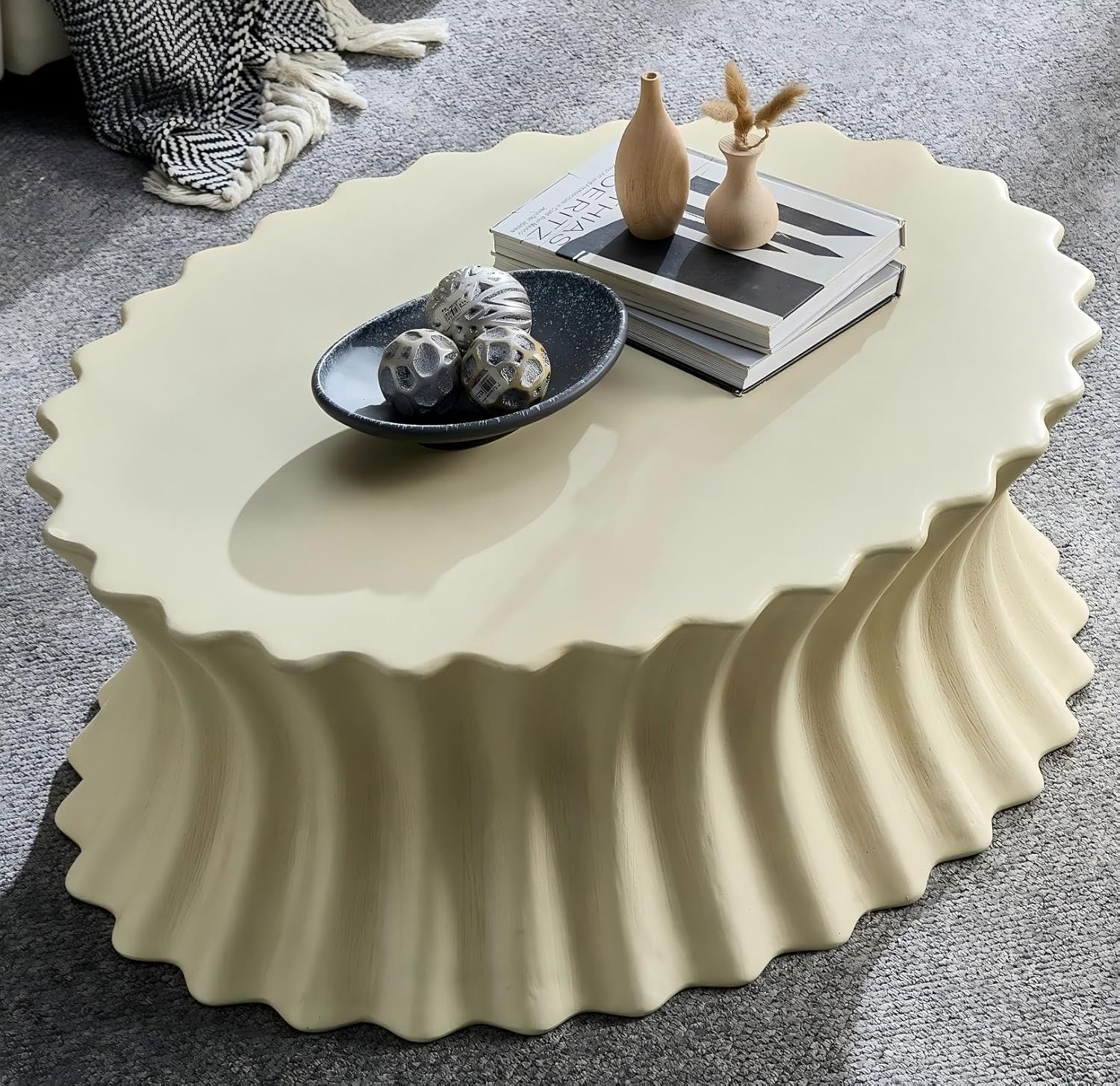 Oval Coffee Table, Cream Beige,35''Round Center Table, Scalloped Edge Design,Modern Contemporary Style, Fluted Pedestal Base Living Room Table Set