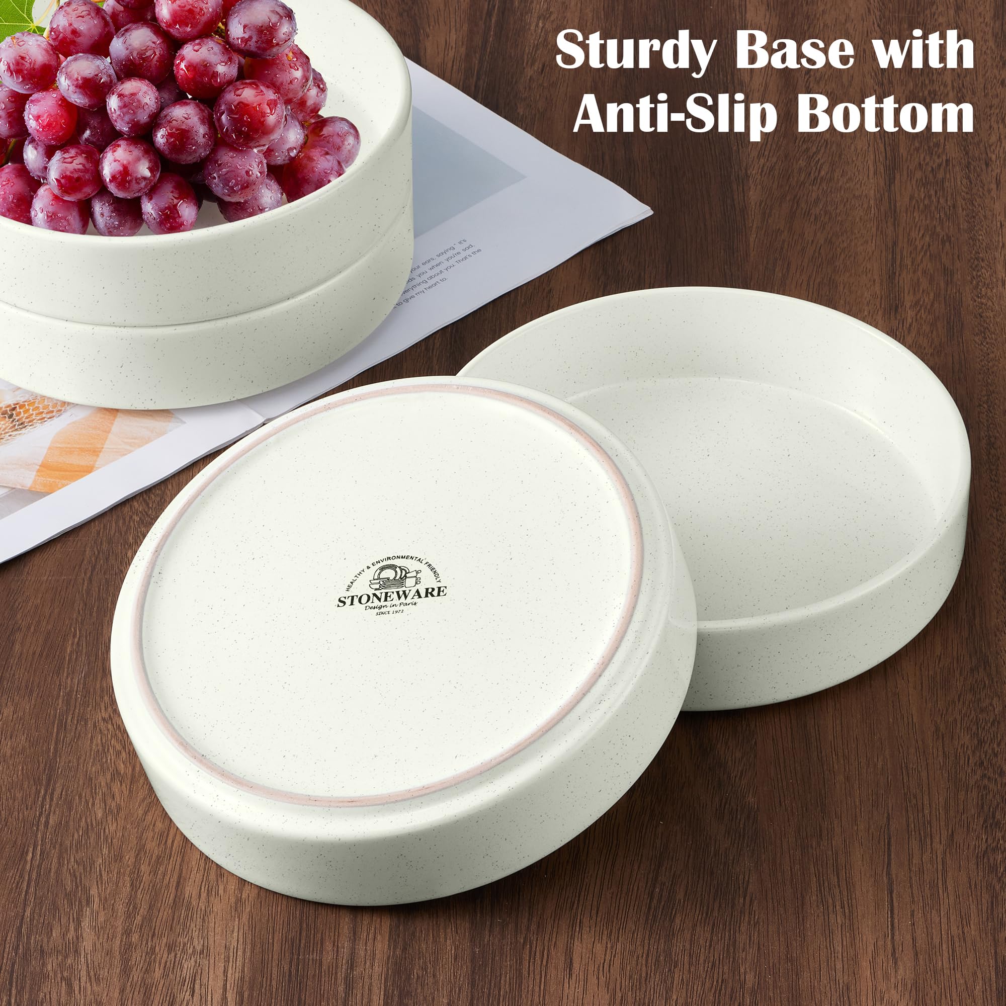 E-far Juego de 4 cuencos para pasta, platos grandes de cerámica de 35 onzas para servir sopa, platos de pasta de gres poco profundos, aptos para microondas y lavavajillas, color blanco moteado