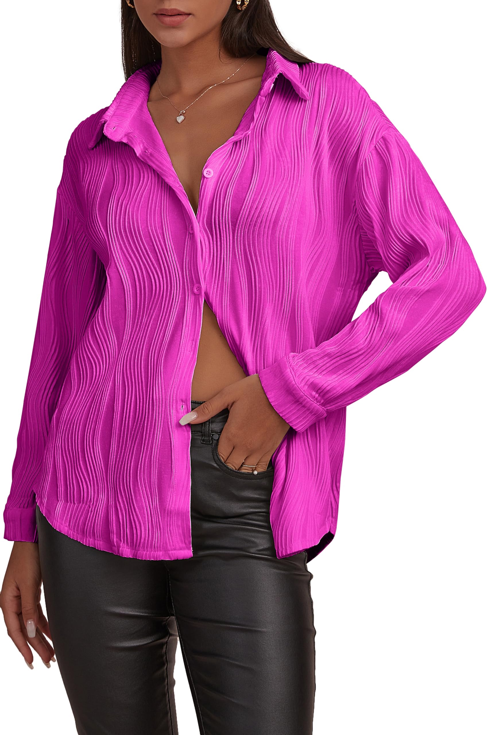 CHYRII Womens Textured Button Down Long Sleeve Shirt Casual Work Office Blouse Top