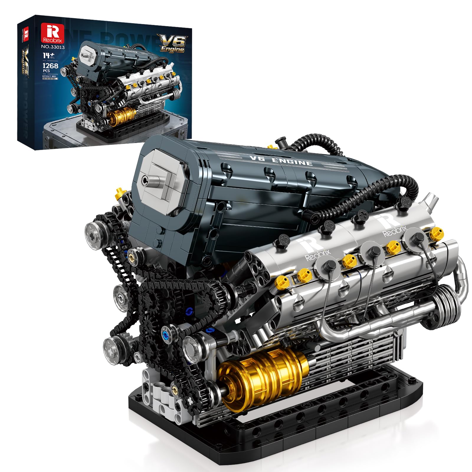 Reobrix Set de Bloques de Construcción Motor V6 para Adultos 33013, Juguete Mecánico de Construcción, Maqueta de Motor V6, Kit de Motor Técnico, Regalo para Adultos, Decoración Artística para Hogar