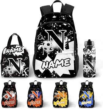 Custom School Backpack with Name for Boys, 18" Large Capacity School Bag Sets, Insulated Leak-proof Lunch Bag, 18 oz Insulated Water Bottle with Straw, Waterproof Lightweight
