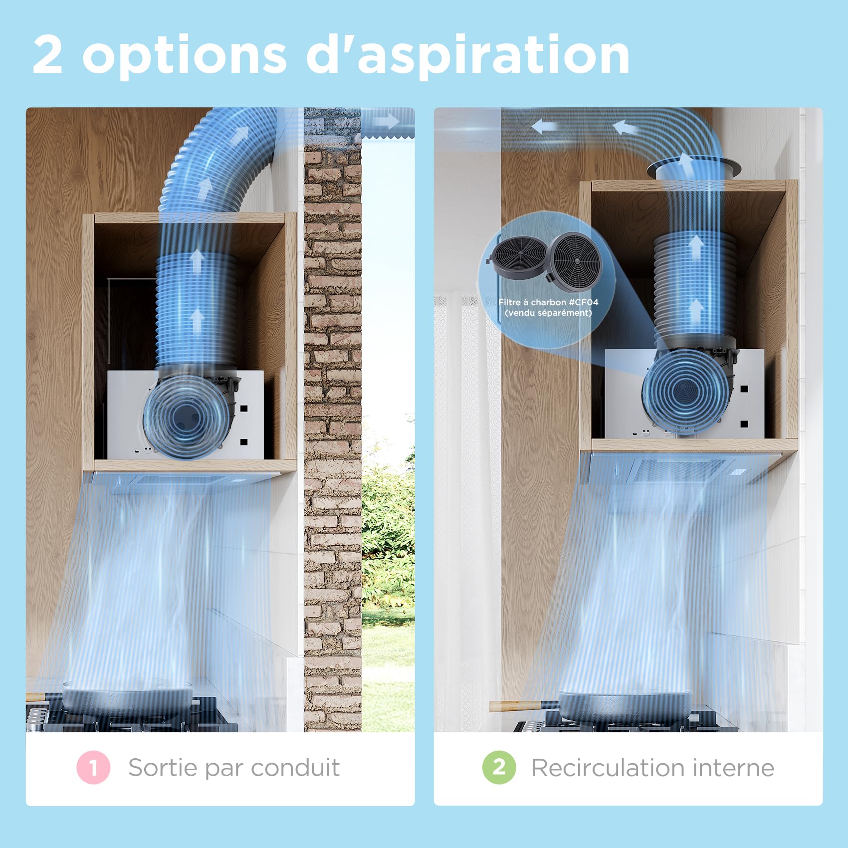 COMFEE' BIHT17SS-52 Hotte aspirante encastrable, Puissance d'aspiration de 400 m³/h, 3 vitesses, avec filtre en aluminium à 5 couches, 52 cm, LED, Argent