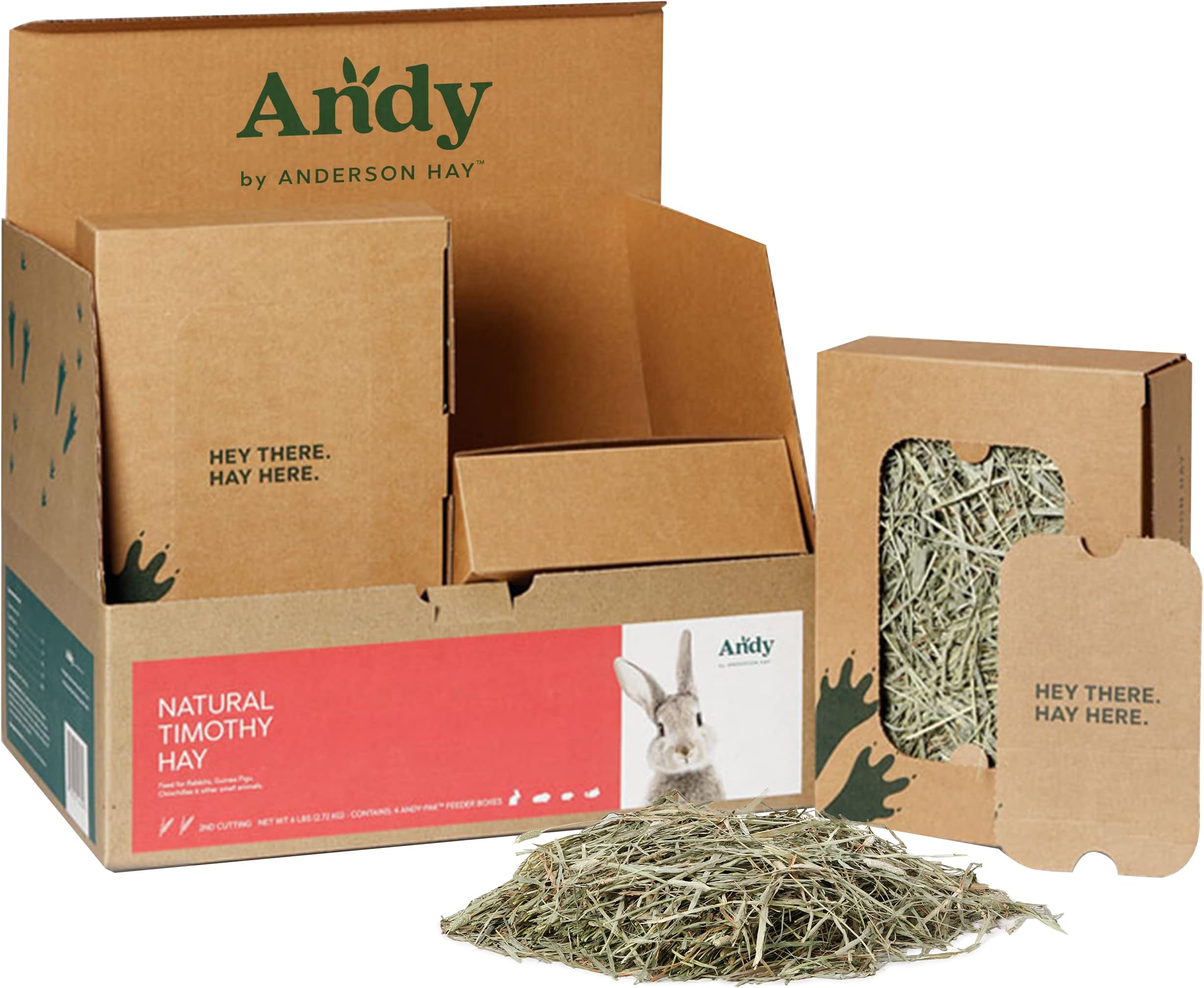 Andy 2nd Cut Timothy Hay Andy-Pak Feeder Boxes, 4 Pack of 1.5 Lb Boxes, Premium Rabbit Food Hay for Rabbits, Chinchillas, and Guinea Pigs