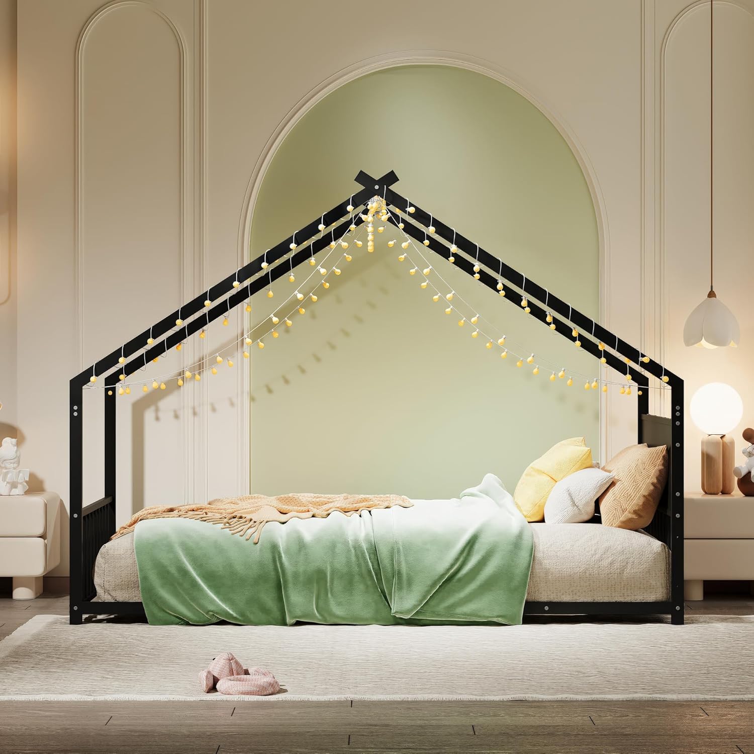 Bellemave Twin Size Montessori Floor Beds with Light, Twin Size House Floor Bed with Headboard and Footboard, Easy Assemble Montessori Bed Frame, Black