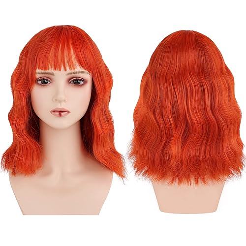 Miniatura 7 de BEAUTY STAR Pelucas naranjas para mujer, peluca corta con fleco, peluca ondulada estilo Bob, peluca rizada de fibra sintética para uso diario, toma