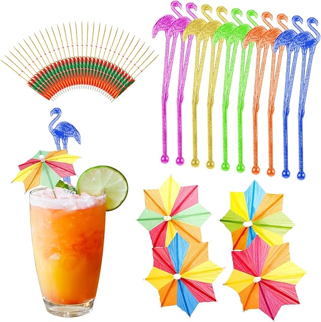 50Pcs Cocktail Accessories, Flamingo Cocktail Stirrers Swizzle Sticks Paper Umbrella Stick for Wedding Summer Party Bar Drinks Decorations, Mixed Color