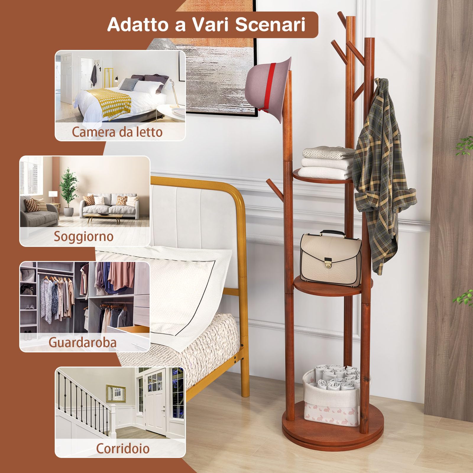 GYMAX Appendiabiti da Terra in Legno, Attaccapanni da Terra Girevole 360° con 9 Ganci e 3 Ripiani, Appendiabiti 167 cm per Ingresso, Camera da Letto, Soggiorno