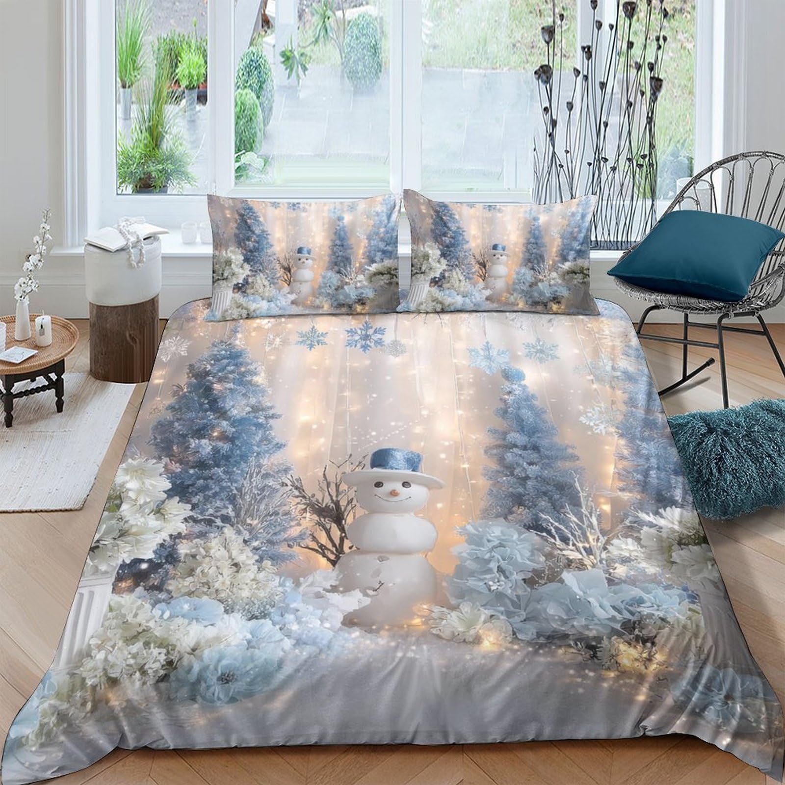 Ctjqhvkz Style-1 3D Printed Snowy Pine Forest Fitted Sheet Microfiber Soft Winter Snowman Bed Cover For Bedroom Guest Room Decor Single（135X200cm）