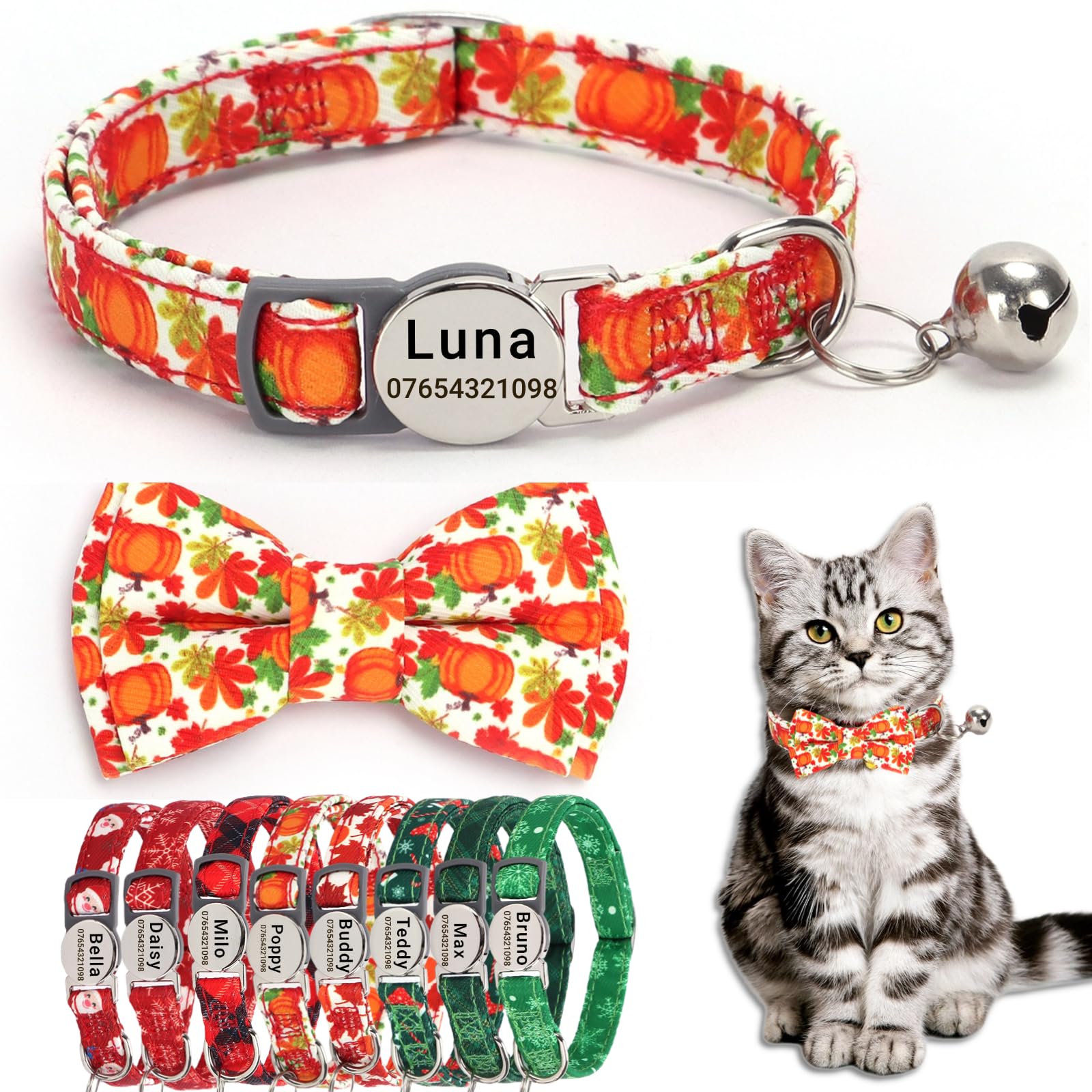 SEOUGEE Fall Cat Collar Personalised with Bowtie & Bell, Quick Release Adjustable Breakaway Safety Thanksgiving Halloween Cat Collars, Custom Engraved Name Tag for Cats Kitten Puppy (Pumpkin)