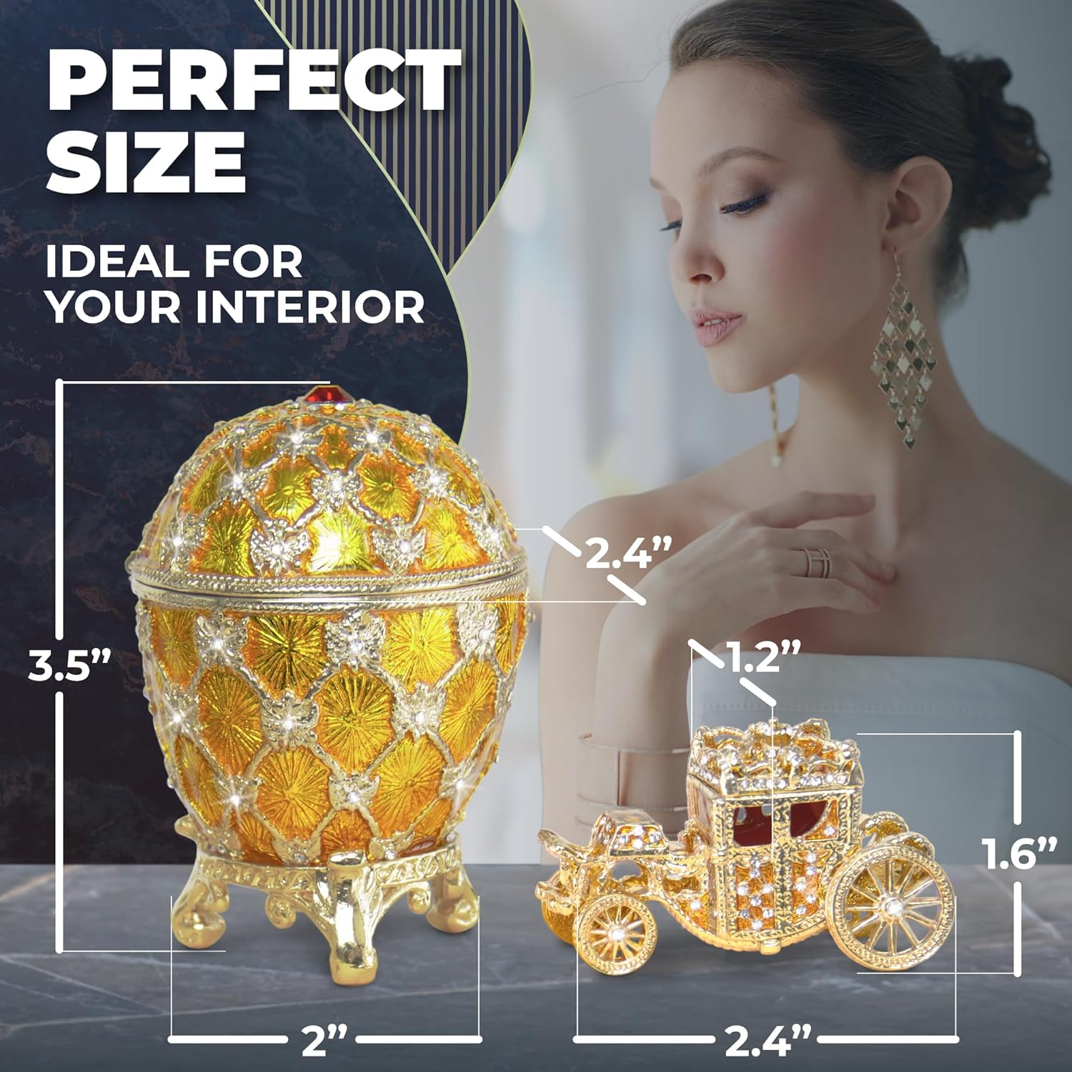 Decorative Easter Coronation Egg Replica Large 3.5 inch Hand Painted Jewelery Box for The Ultimate Home Decor Comes with Gift Unique Carriage trinket Box (Yellow)