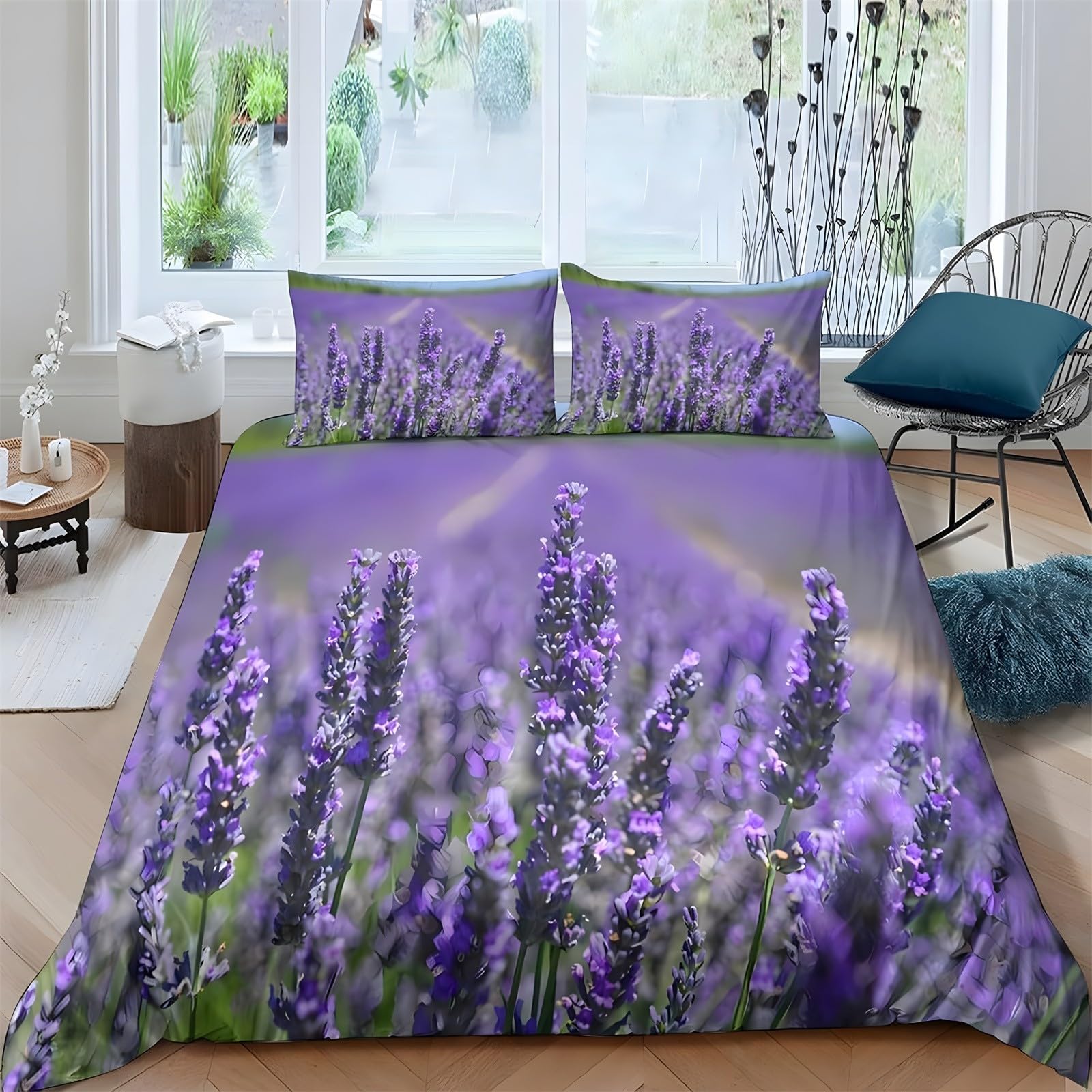 Ypthriline King Size Duvet Cover Sets Lavender Bedding Set Microfiber Purple Duvet Covers with Pillowcases Reversible Bedding With Zipper Closure 230x220CM