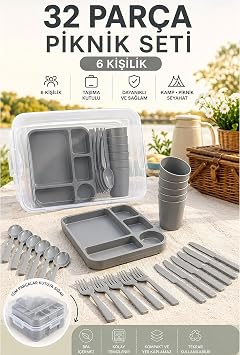 Promosyonca 32 Parça Piknik Seti 6 Kişilik Taşıma Kabı Dahil, Gri