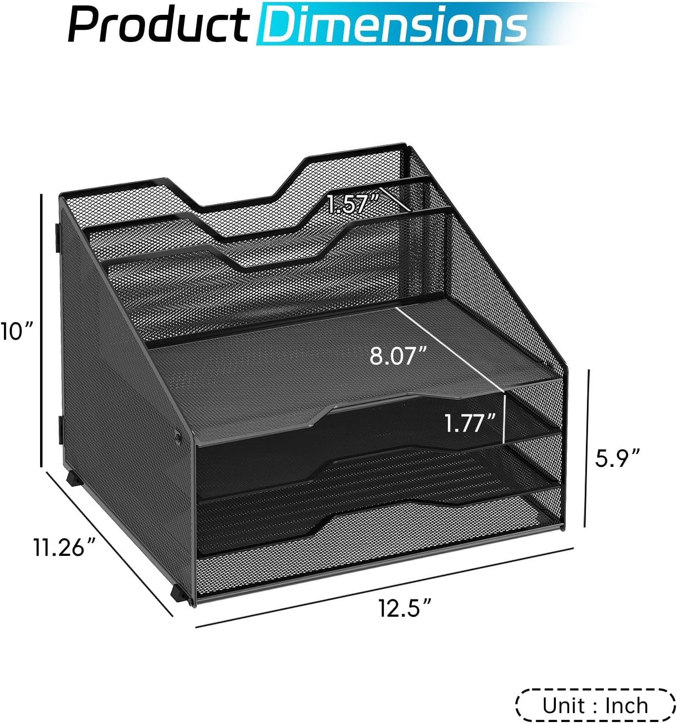 Desk File Organizer, 4 Letter Trays and 2 Upright Sections, Black image 2