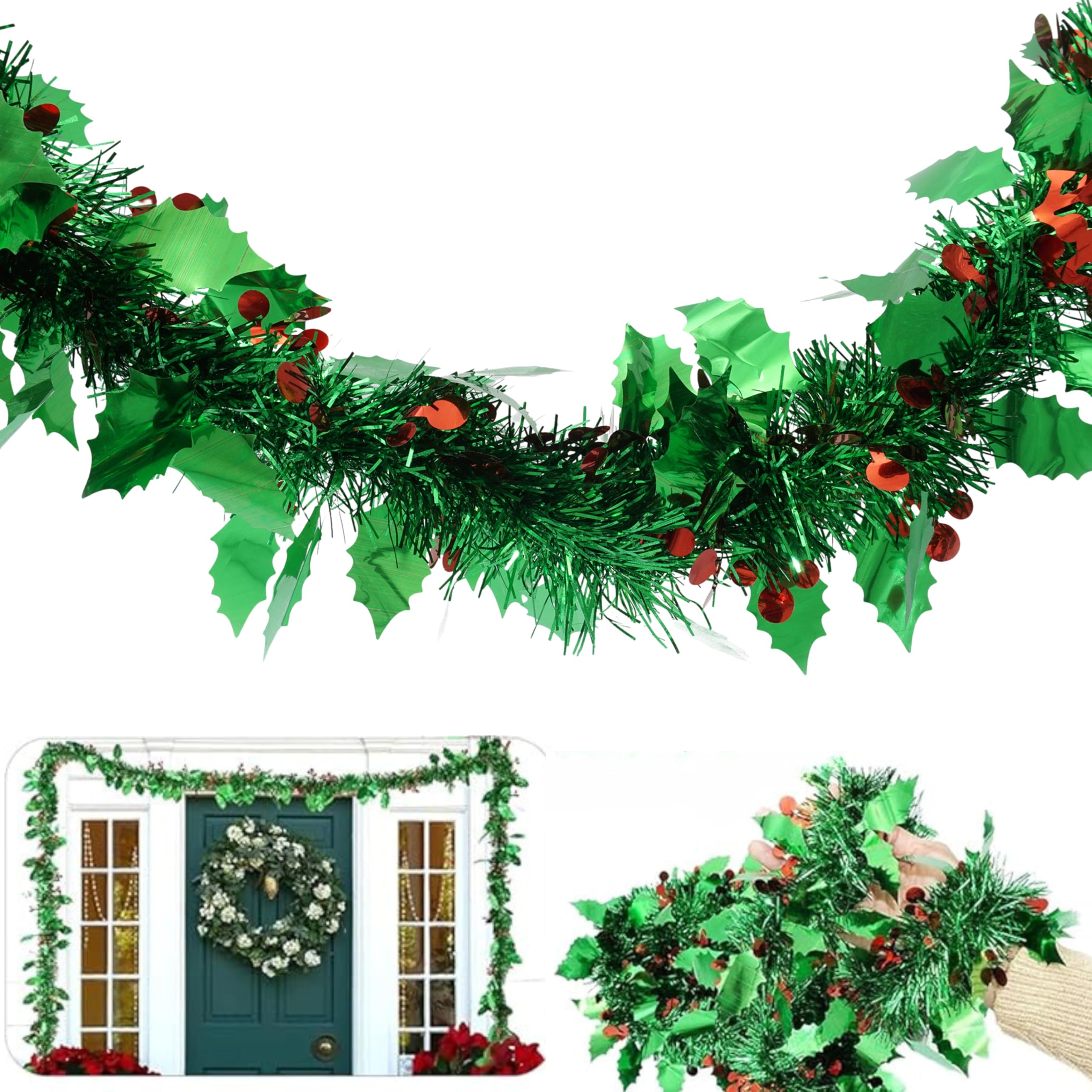 Hovuk 1X Holly Tinsel Garland Hovuk® 1X Green Deluxe 2M Tinsel Garland With Holly And Berry, Luxury Christmas Tree Decoration, Best For Xmas Party And Home Decoration