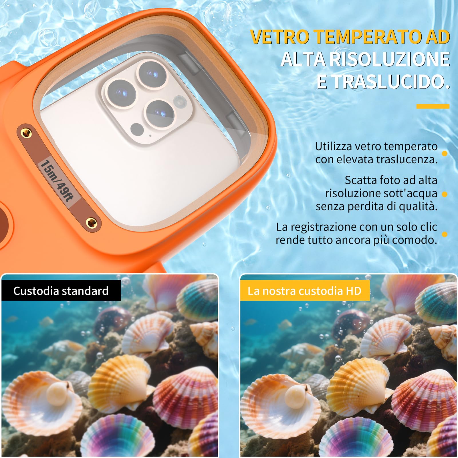Lanhiem Custodia Impermeabile Professionale Subacquea IP68 15M - Per Telefoni iPhone,Samsung,Huawei e Xiaomi (fino a 6,9") Controllo Fotografico Bluetooth per le Vostre Avventure,Arancione