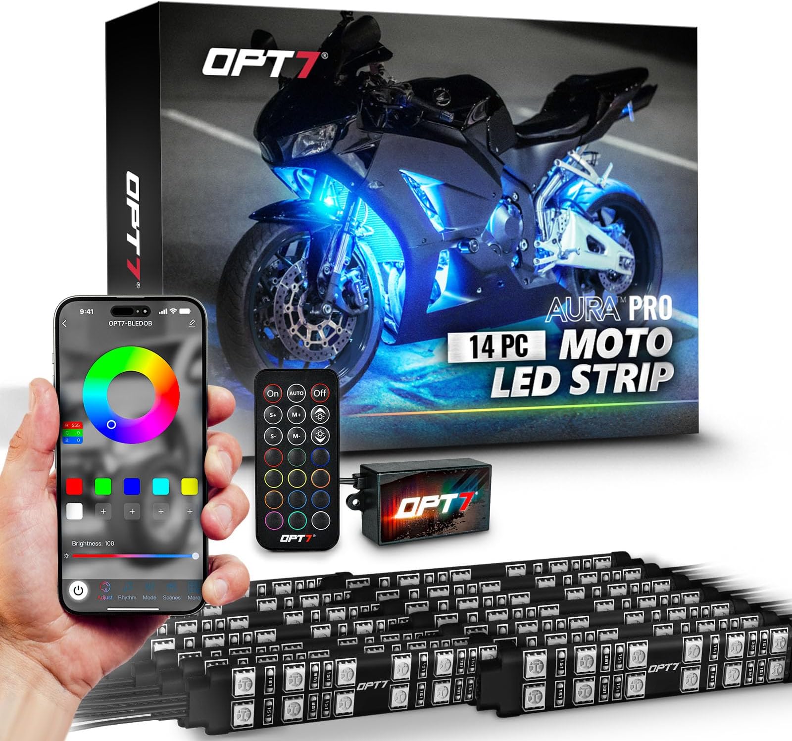 OPT7 Aura Pro 14pcs Motorcycle Double LED Strip Lights with App & Remote Control, RGB Multicolor & Music Sync Neon Accent Bike Underglow Lighting Kit, 12V Switch for Harley Honda Yamaha Kawasaki