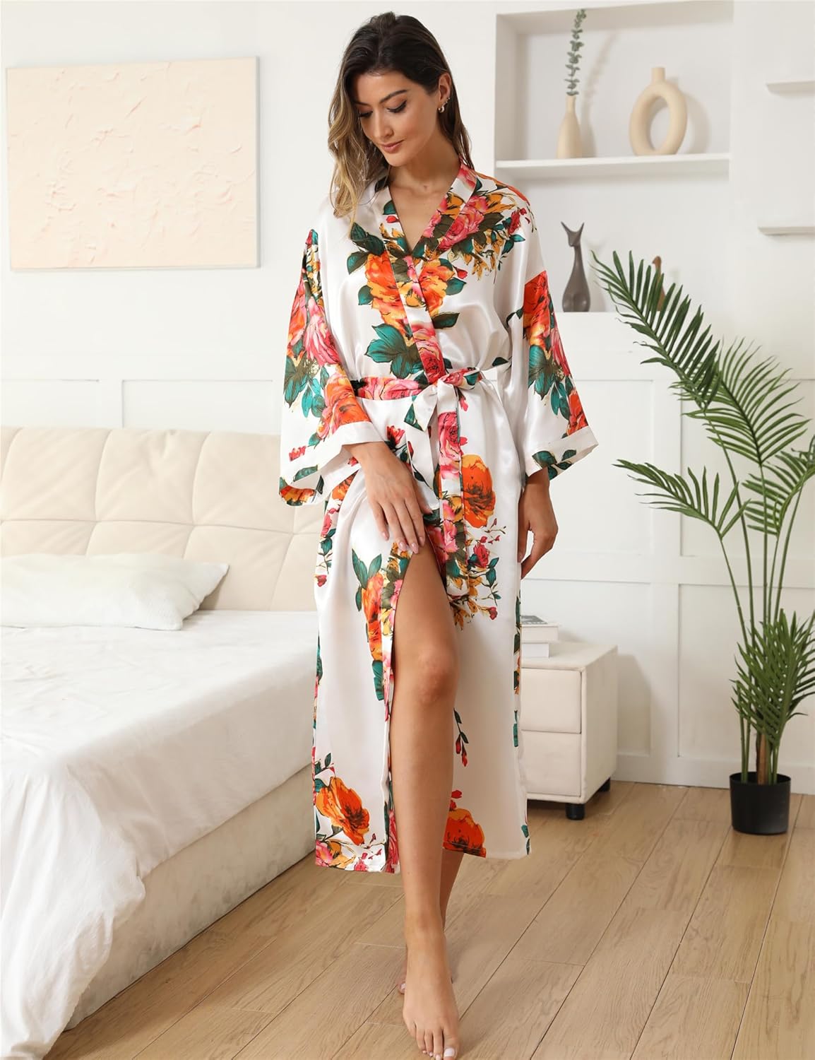 Women's Satin Kimono Robe Floral Long Silky Robes Bridal Kimonos Bridesmaid Party Dressing Gown - Image 5