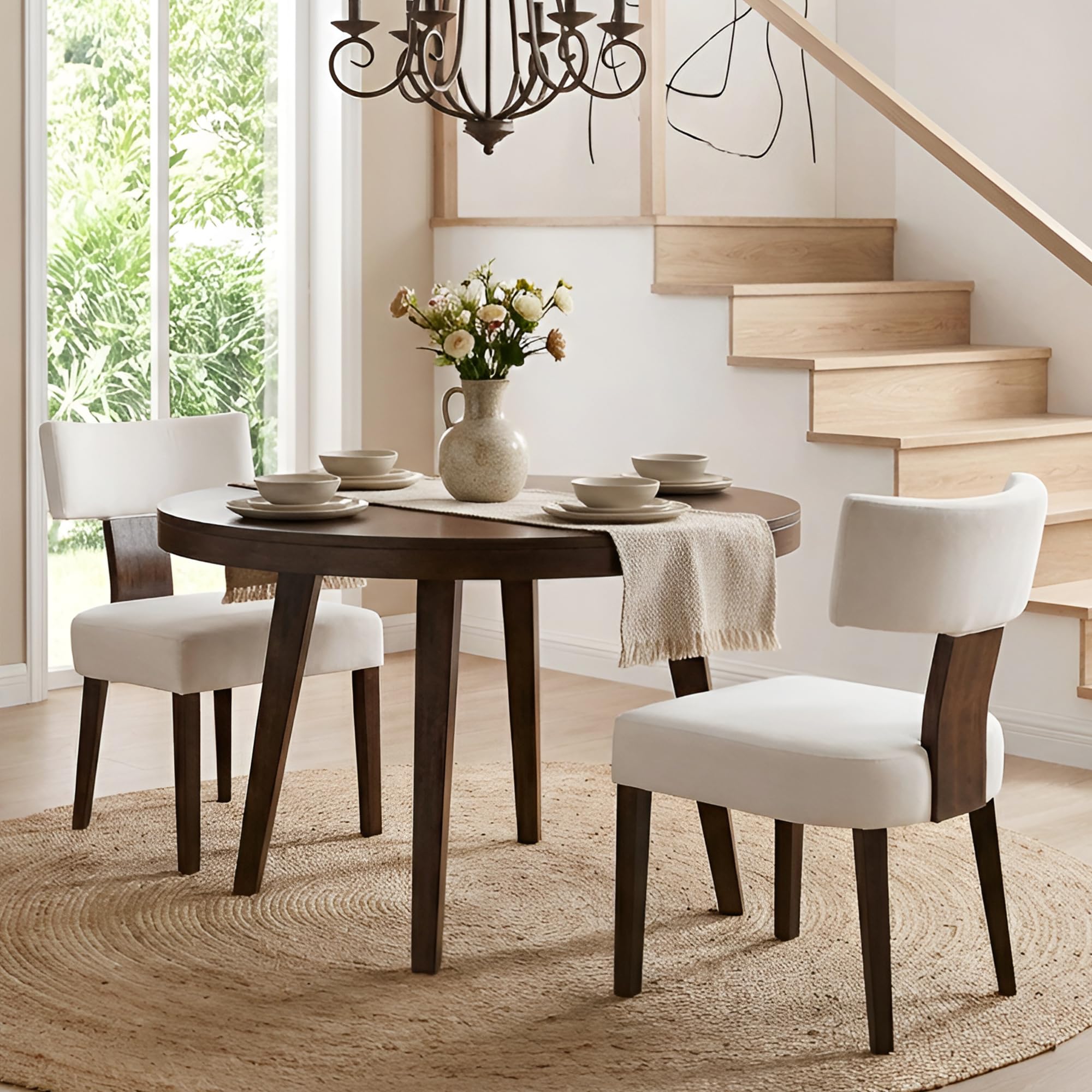 Mid Century Modern Dining Chairs, Farmhouse Velvet Upholstered Accent Chair Curved Backrest Kitchen Chairs Set of 2, with Hardwood Frame, Cream, Velvet-beige