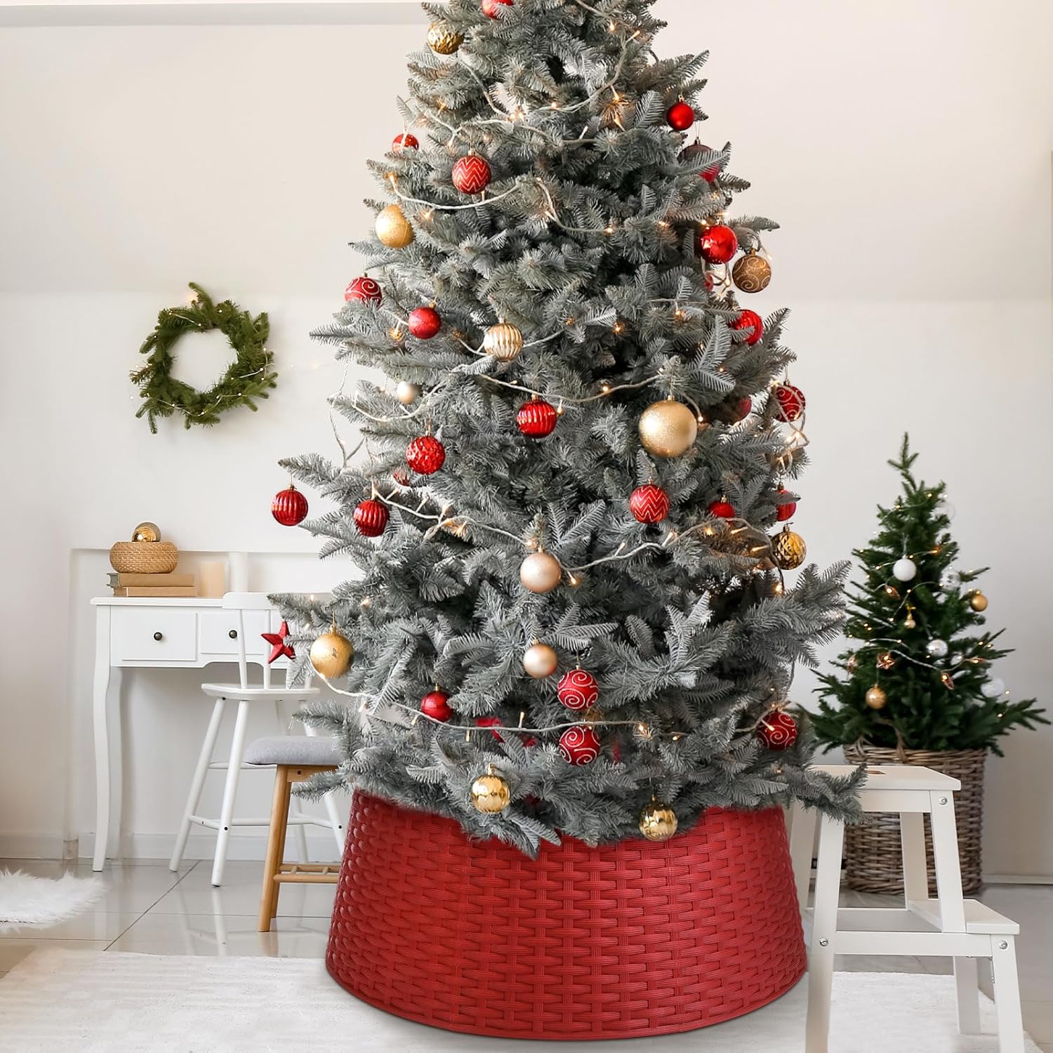 Liliful 26 Inch Plastic Christmas Tree Collar, Large Woven Christmas Tree Collar Basket, Rustic Skirt Base Cover for Holiday Decorations Accessories(Red)