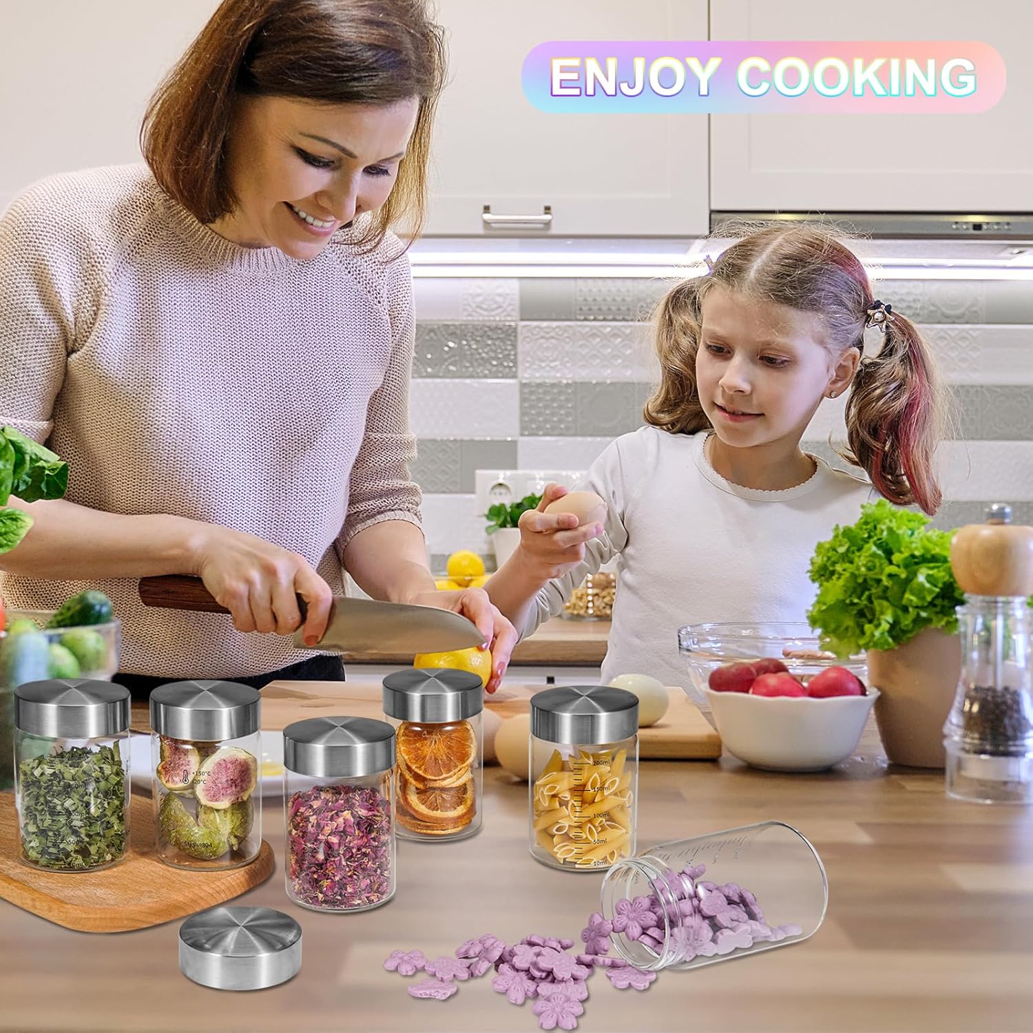 Small Glass Jars with Airtight Lid 6.7oz Round Spice Jars Sugar Coffee Ground Container Storage Canister Jars for Pantry Yogurt Tea Seasoning Nuts Cookies Overnight Oatmeal (6 * 200ml(6.76oz)) - Image 6