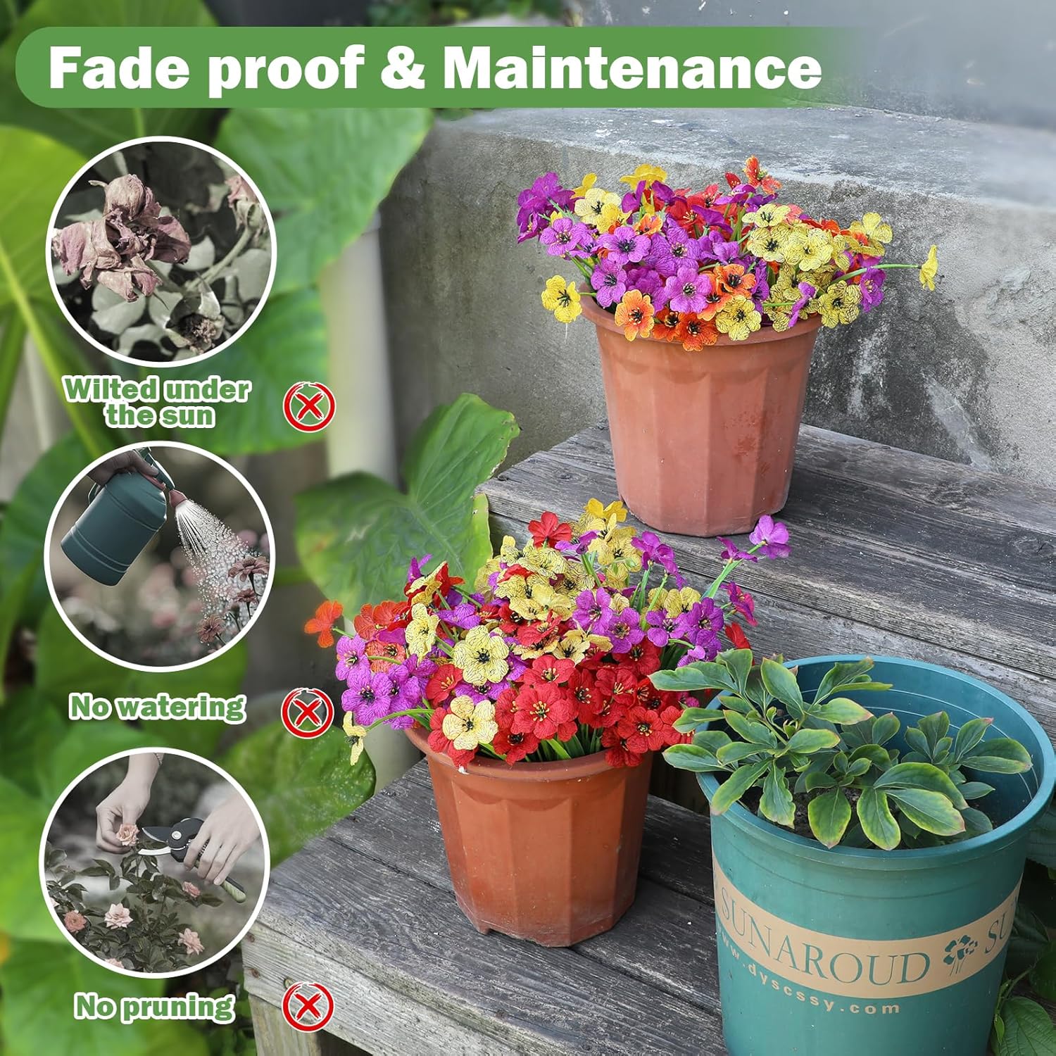 Nepfaivy Artificial Flowers for Outdoors Uv-resistant - 24 Bundles 4 Colors No-Fade Faux Flowers for Outdoor Planters to Decor Patio Porch Garden Yard, Silk Realistic Faux Outside Flowers Bulk - Image 6