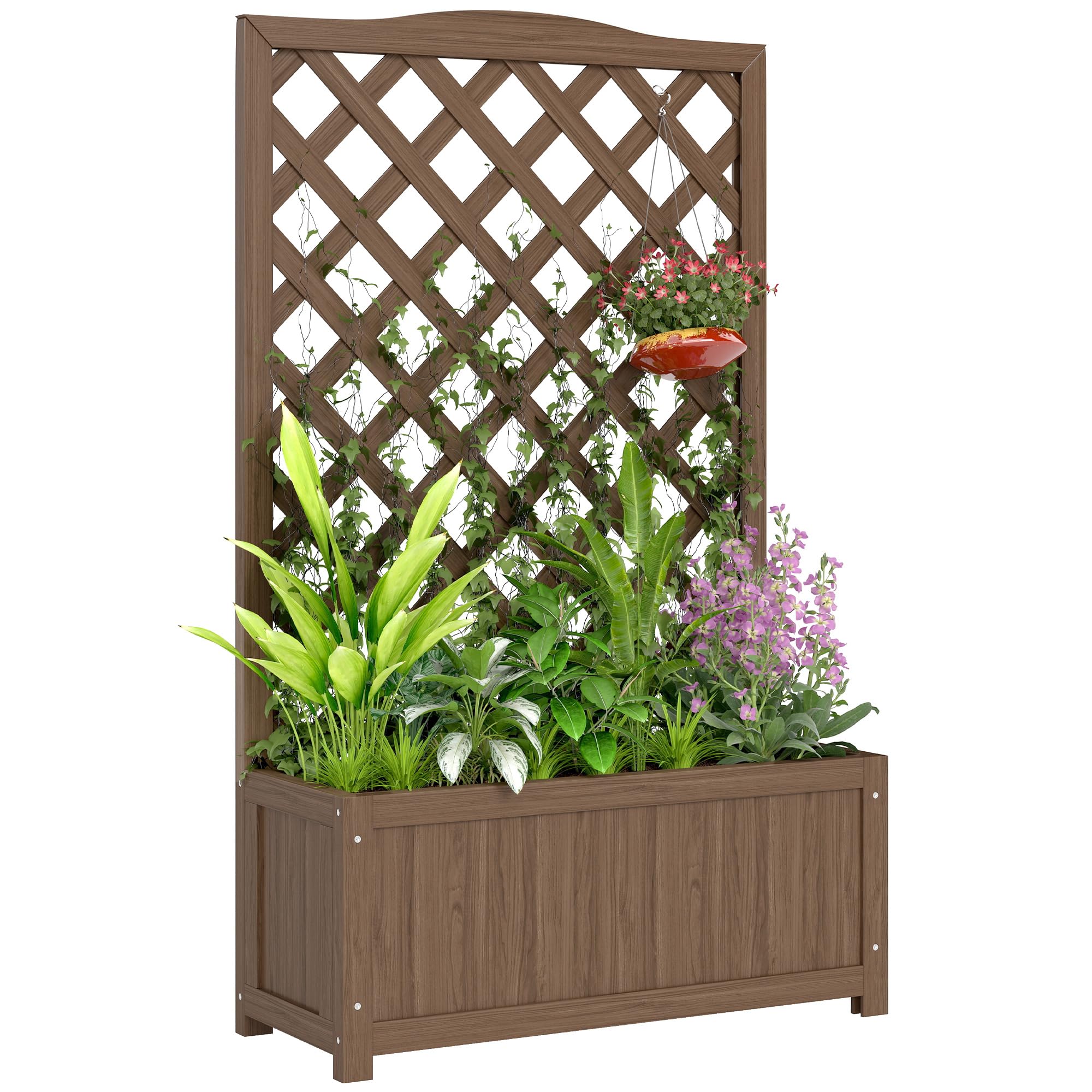 Outsunny Jardinière avec Treillis, Bac à Fleurs, Bois Massif, 70 x 28 x 117 cm, Café Foncé