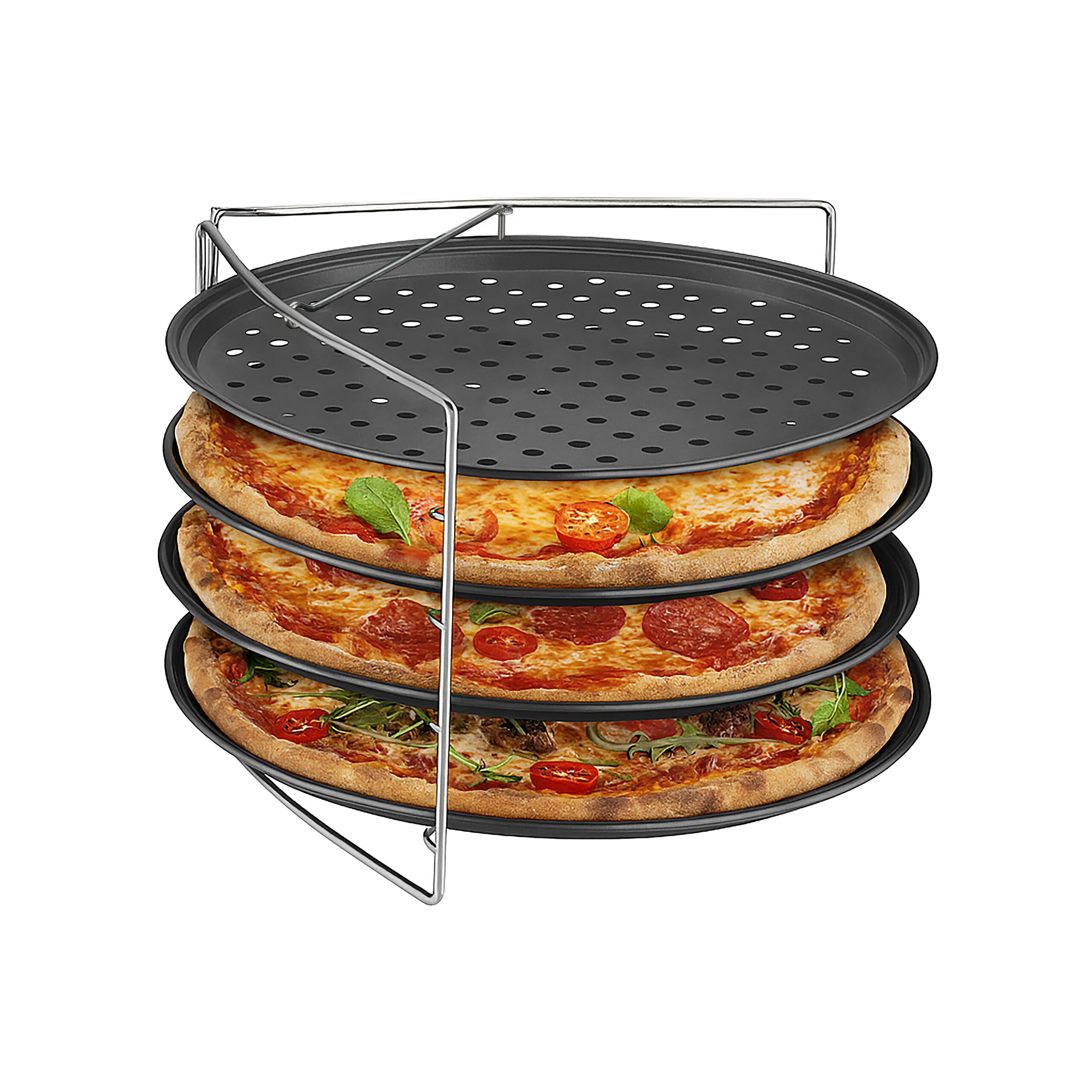 Relaxdays Plaque à Pizza, 4 pièces, avec Support, antiadhésive, Acier au Carbone, Plaque perforée, Anthracite/Argent