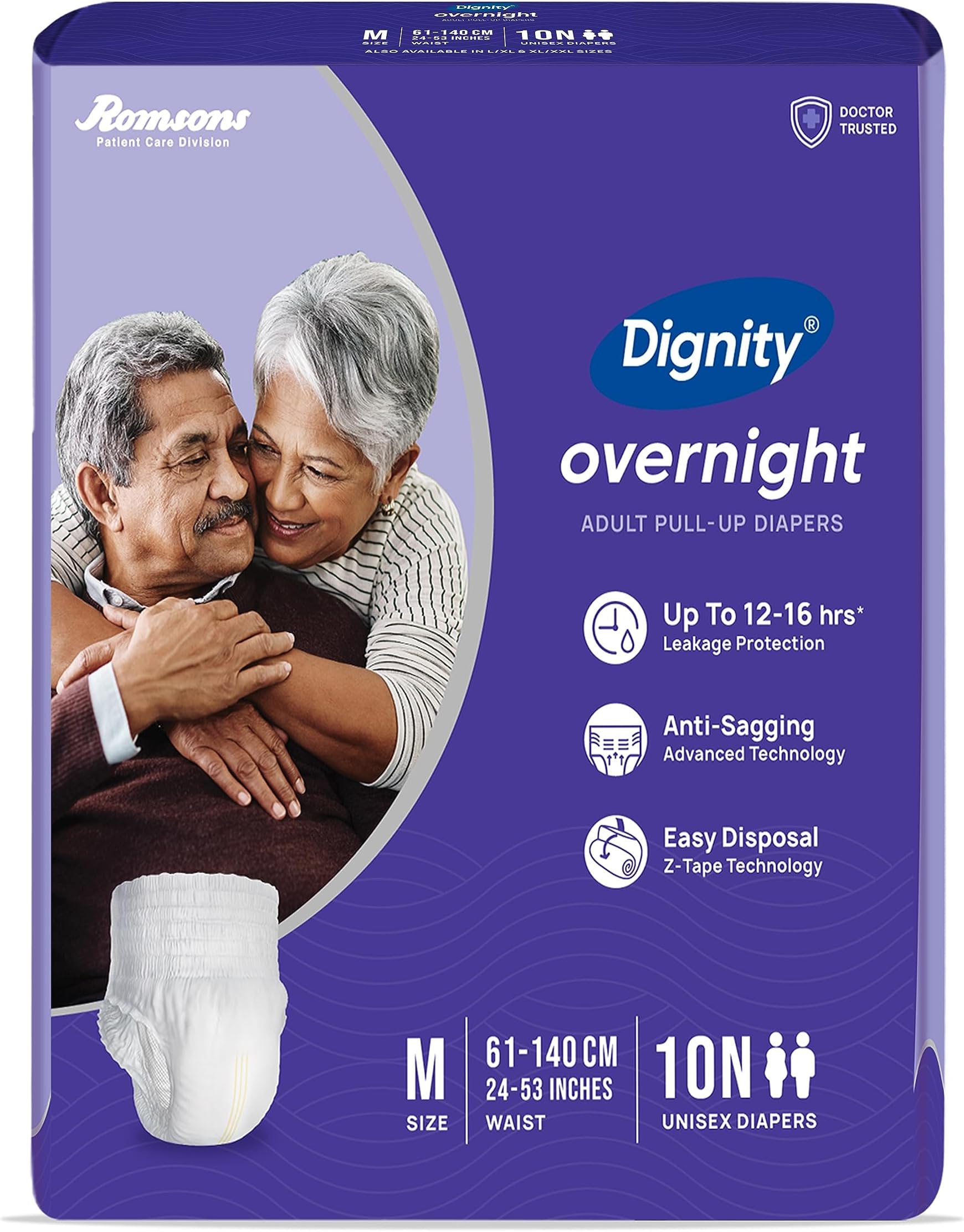 Dignity Overnight Pull Up Adult Diapers Pant Style - 10 Count (Medium) with Soft Elastic and Extra Absorbent Core, Waist Size 24" - 53", 10 Pcs/Pack (Pack of 1)