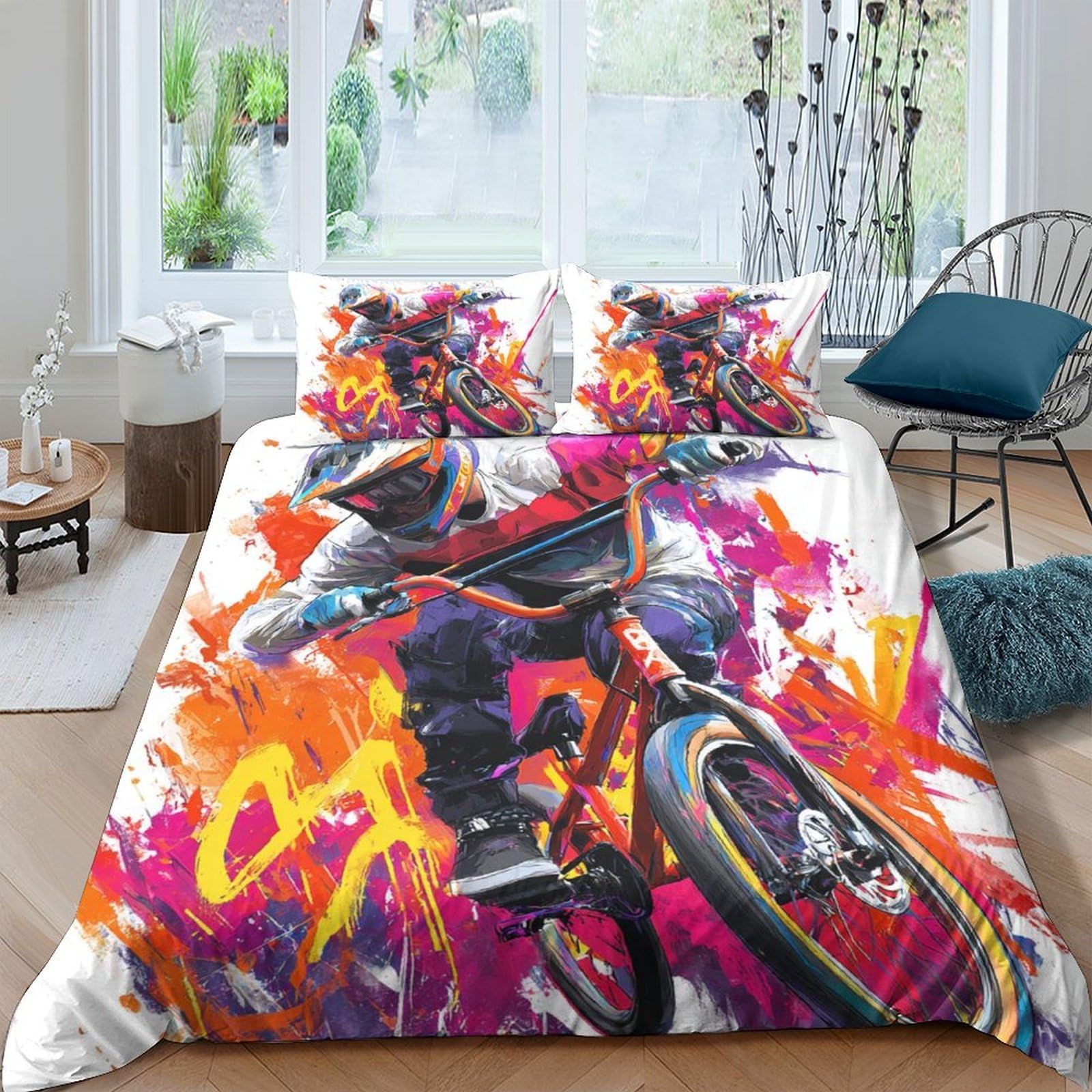 Ctjqhvkz Style-1 3D Printed Bmx Graffiti Fitted Sheet Microfiber Soft Orange Purple Bicycle Bed Cover For Bedroom Guest Room Decor Single（135X200cm）